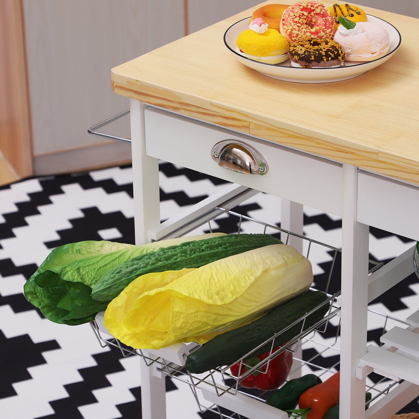 Rolling Kitchen Island Trolley Serving Cart Wheeled Storage Cabinet w/ Basket Shelves and Drawers White Kitchen Islands & Kitchen Carts   at Gallery Canada