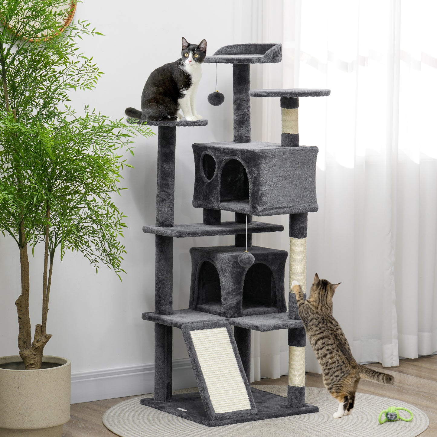 54" Cat Tree, Multi-Level Cat Tower with Scratching Posts, Cat Condos, Bed, Platforms, Ramp, Toy Ball, Dark Grey Cat Towers   at Gallery Canada