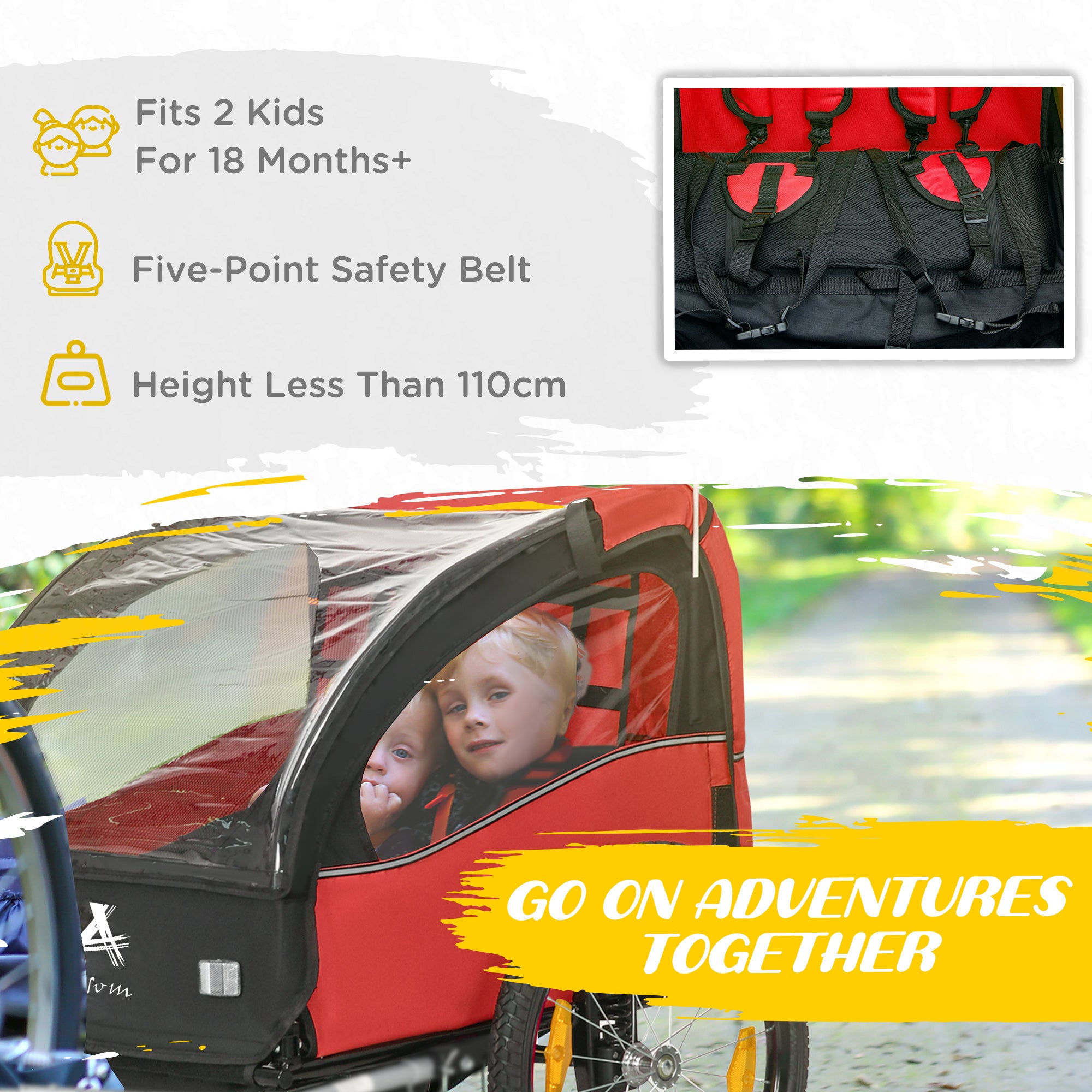 2 Seat Bike Trailer for Kids, Baby Stroller with Storage Bag, 5 Point Harness, Bicycle Trailer with 20