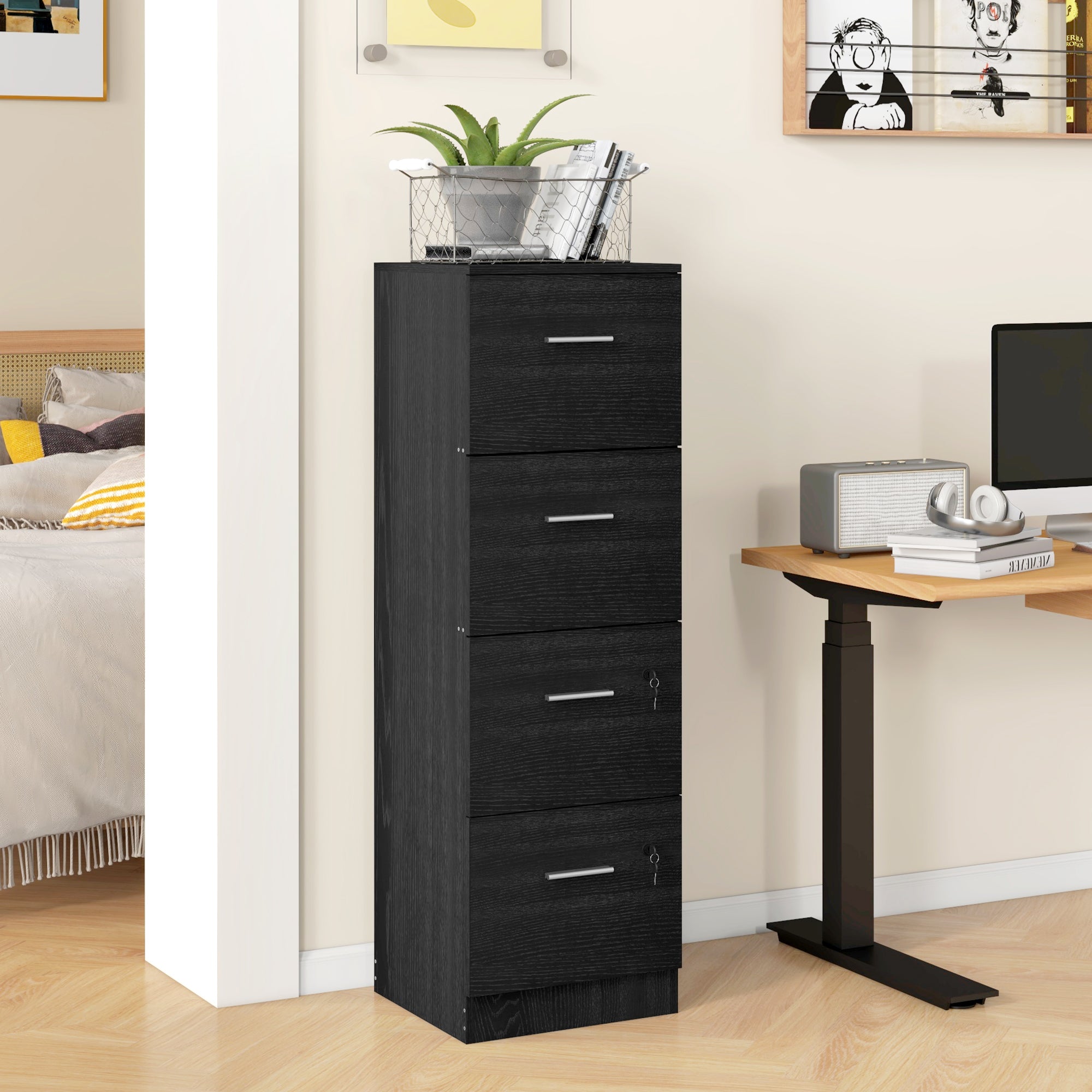 Vertical Filing Cabinet with Lock, 4 Drawer File Cabinet with Adjustable Hanging Bar for A4 and Letter Size, Black Office Cabinets & Cupboards Black  at Gallery Canada