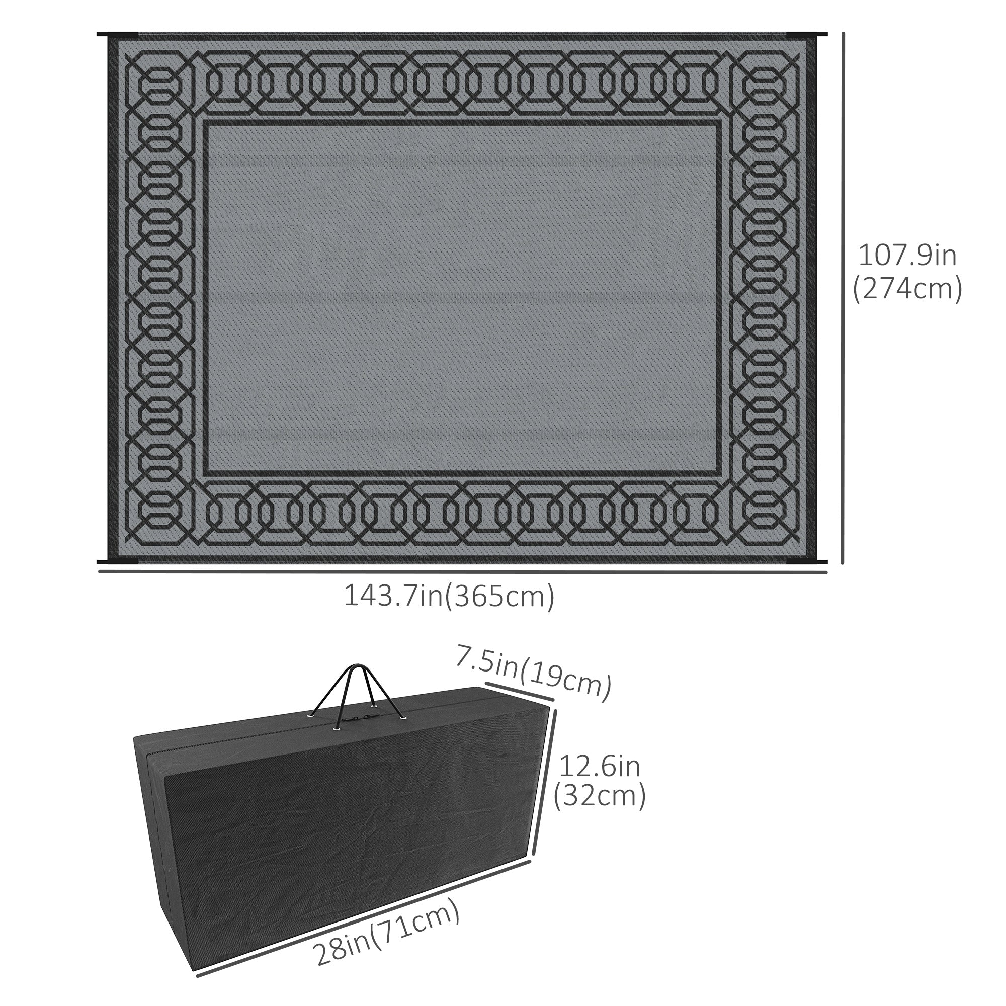 Portable Outdoor Rug with Carrying Bag, 9' x 12' Reversible Mat, Waterproof Plastic Straw RV Rug for Backyard, Deck, Picnic, Beach, Camping, Black and Grey Outdoor Reversible Rugs at Gallery Canada