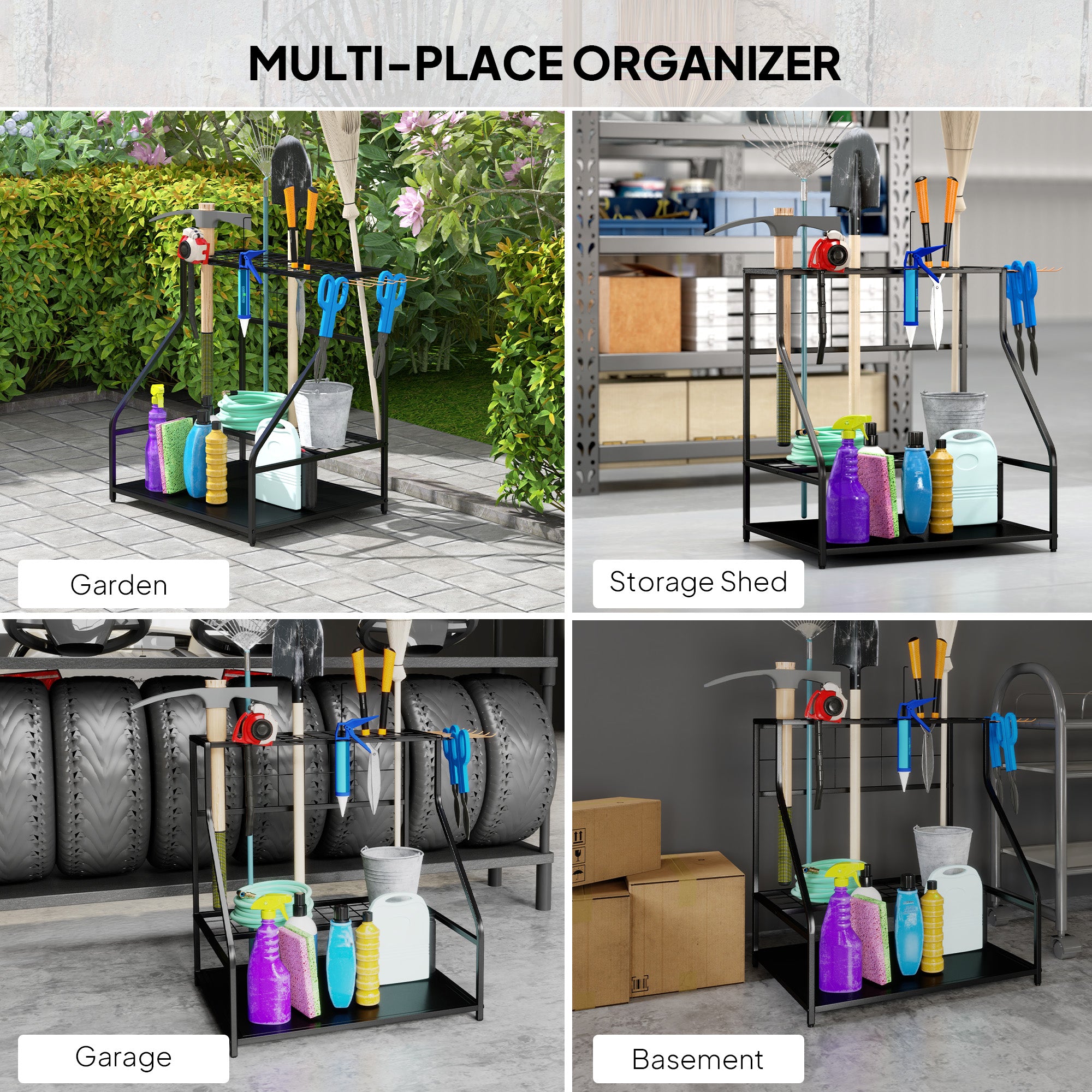 3-Tier Yard Tool Tower Rack, Garden Tool Organizer with Hooks for Long-Handled Rakes, Shovel, Broom, Orange Garden Accessories at Gallery Canada