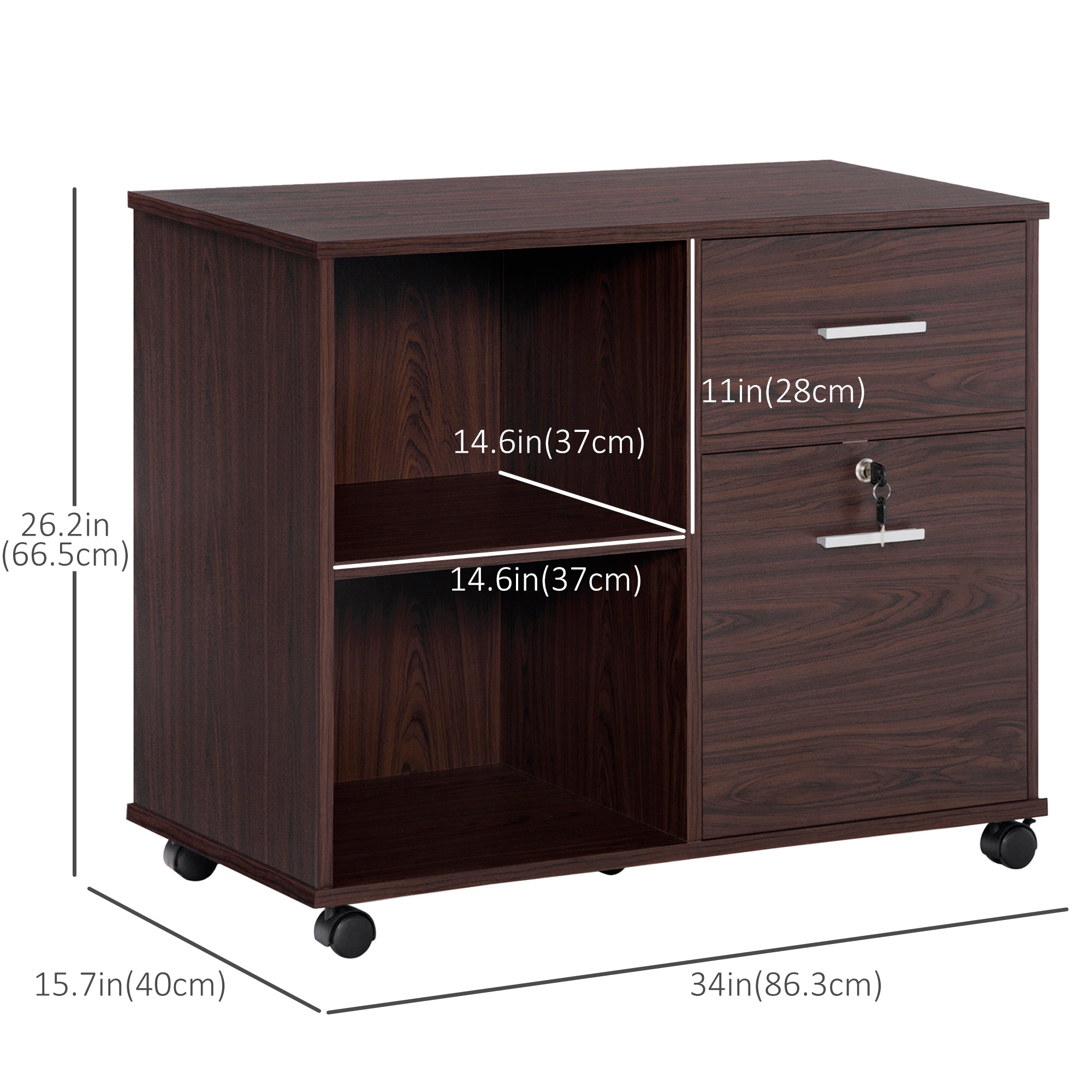 Lateral Filing Cabinet with Wheels, Locking File Cabinet, Mobile Printer Stand with Open Shelves and Drawers for A4 Size Documents, Walnut Office Cabinets & Cupboards at Gallery Canada