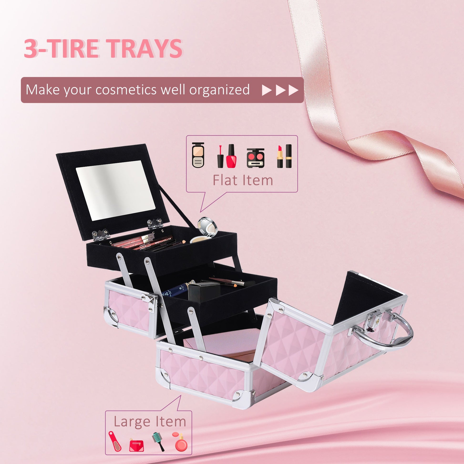 3 Tier Diamond Texture Makeup Train Case Cosmetic Organizer with Mirror, Pink Makeup Cases   at Gallery Canada