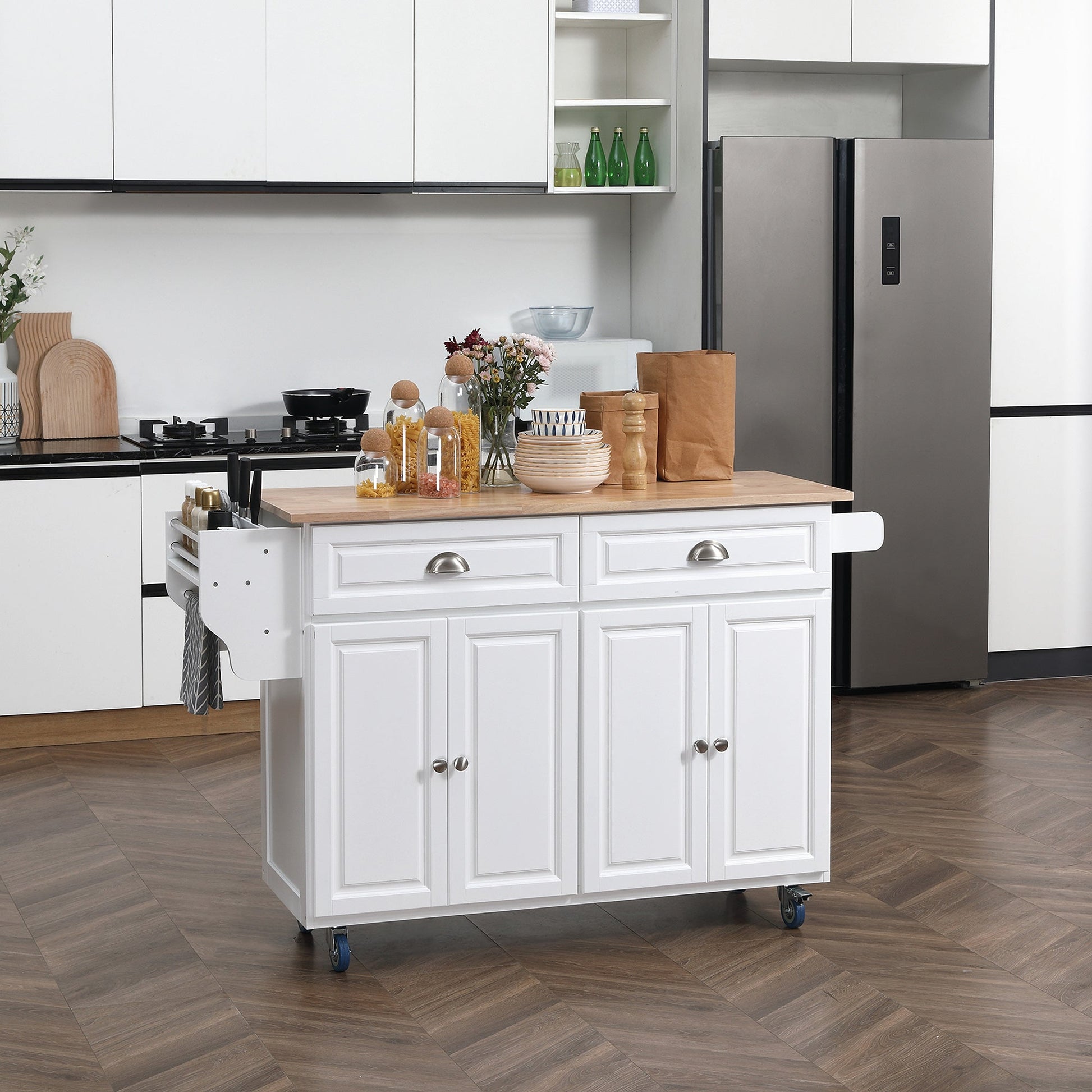 Rolling Kitchen Island on Wheels Utility Cart with Drop-Leaf, Rubber Wood Countertop, Storage Drawers, Door Cabinets and Adjustable Shelves, White Kitchen Islands & Kitchen Carts   at Gallery Canada