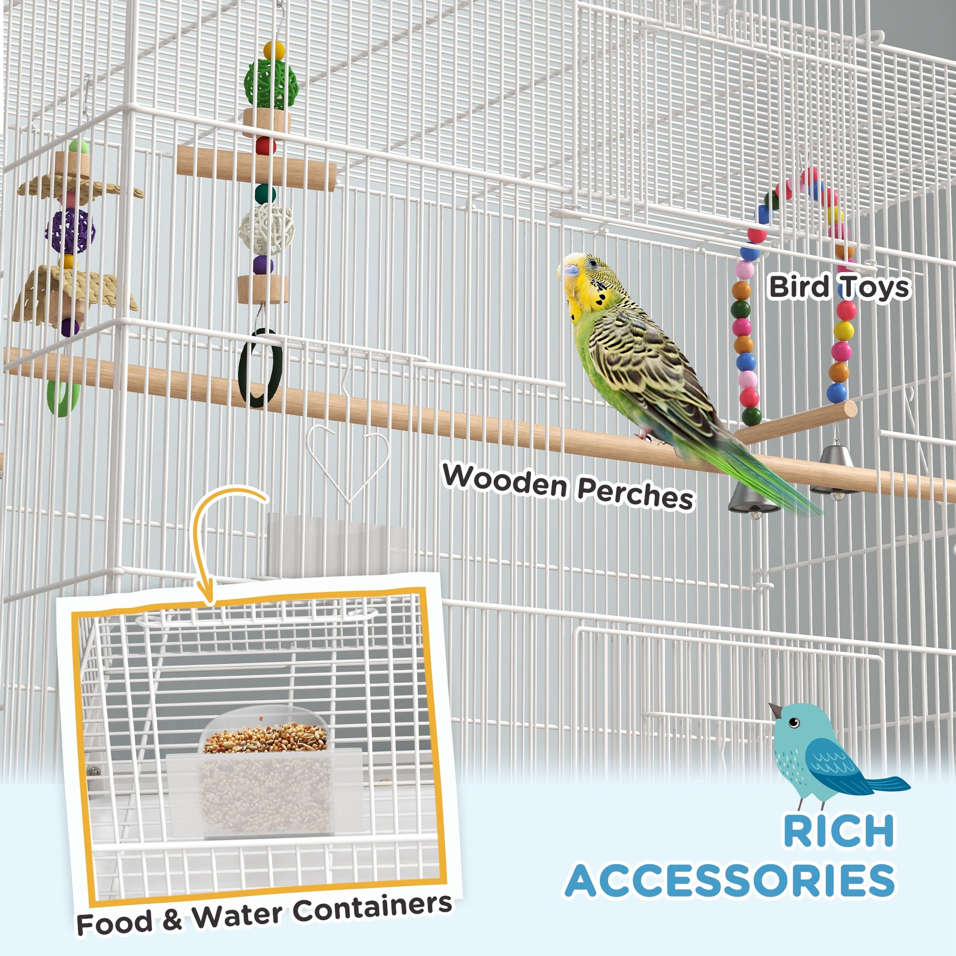 52" Bird Cage with Rolling Stand, Toys, for Budgies Canaries White Bird Cages   at Gallery Canada