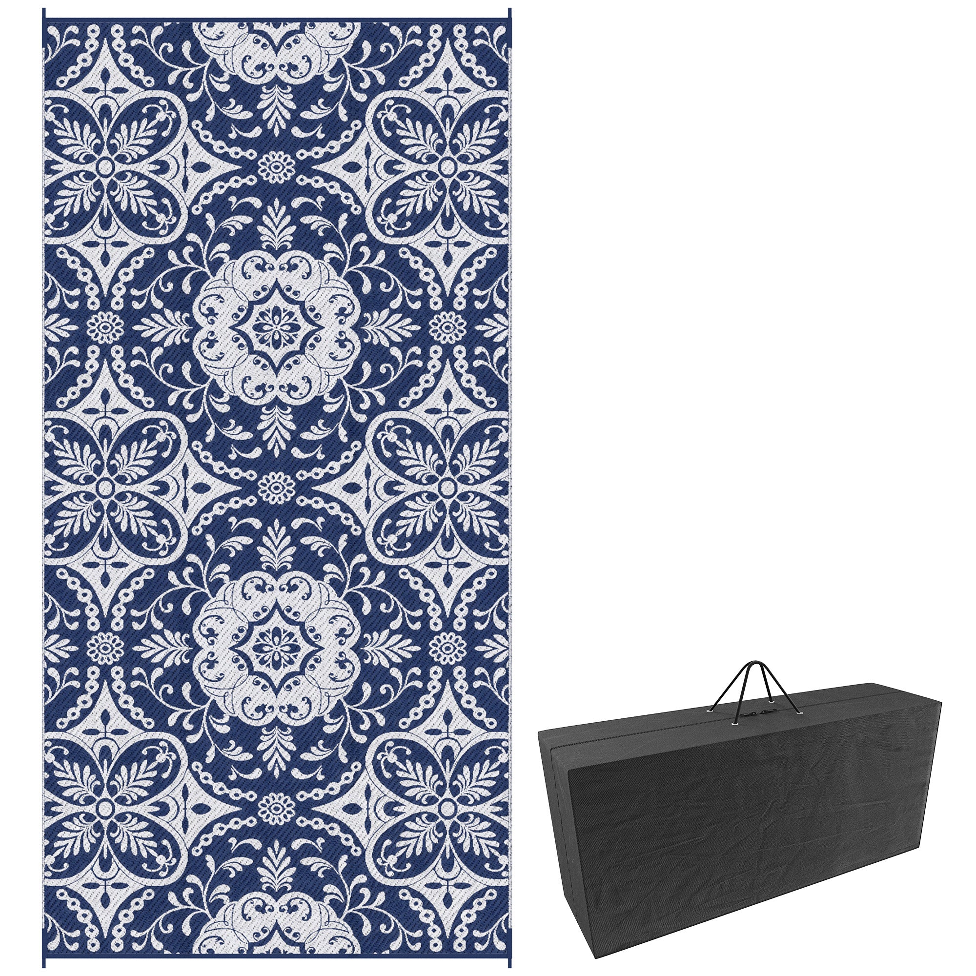 Portable Outdoor Rug with Carry Bag, 9' x 18' Reversible Mat, Waterproof Plastic Straw RV Rug for Backyard, Deck, Picnic, Beach, Camping, Blue &; White Flower Outdoor Reversible Rugs Blue, White at Gallery Canada