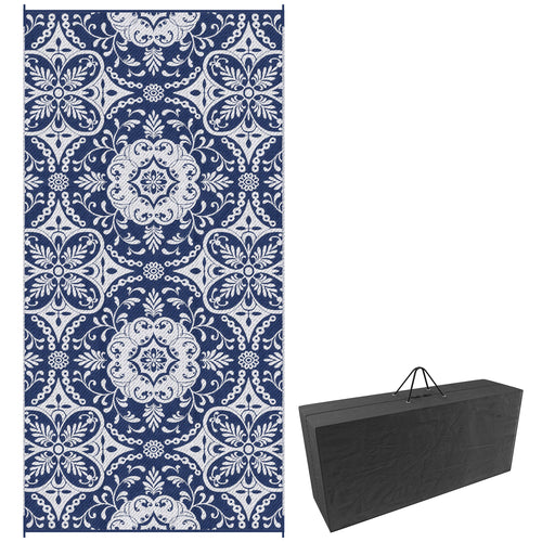 Portable Outdoor Rug with Carry Bag, 9' x 18' Reversible Mat, Waterproof Plastic Straw RV Rug for Backyard, Deck, Picnic, Beach, Camping, Blue &; White Flower
