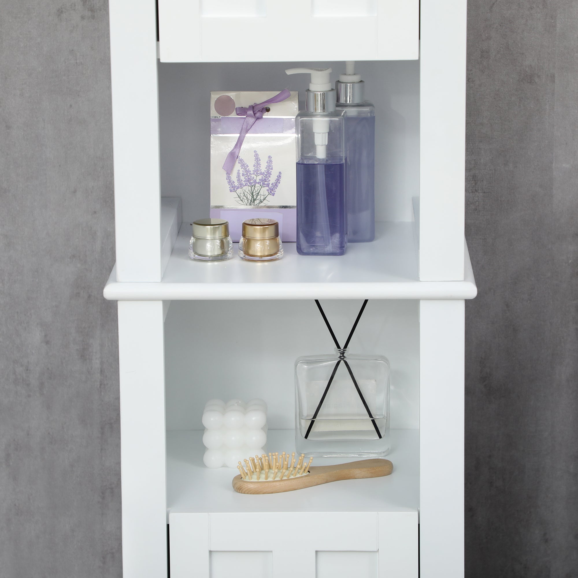 Bathroom Cabinet, Freestanding Linen Cabinet with Open Shelves and Cupboards, 13.8