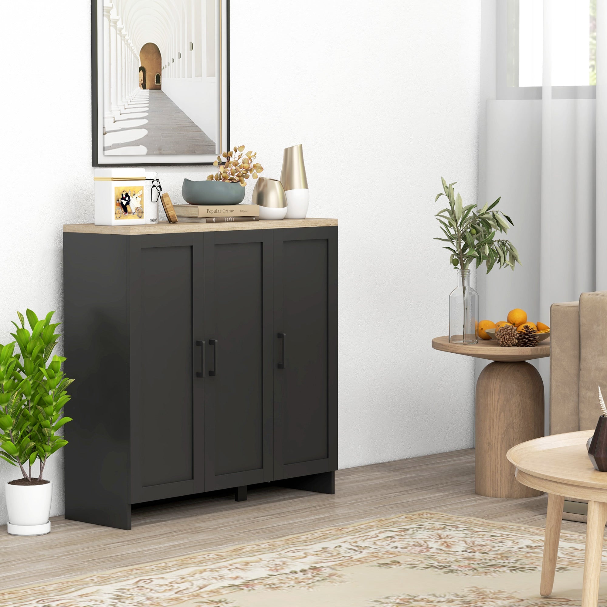Modern Sideboard Buffet Cabinet, Modern Kitchen Storage Cabinet with 3 Doors Adjustable Shelves, for Dining Room, Black Kitchen Pantry Cabinets at Gallery Canada