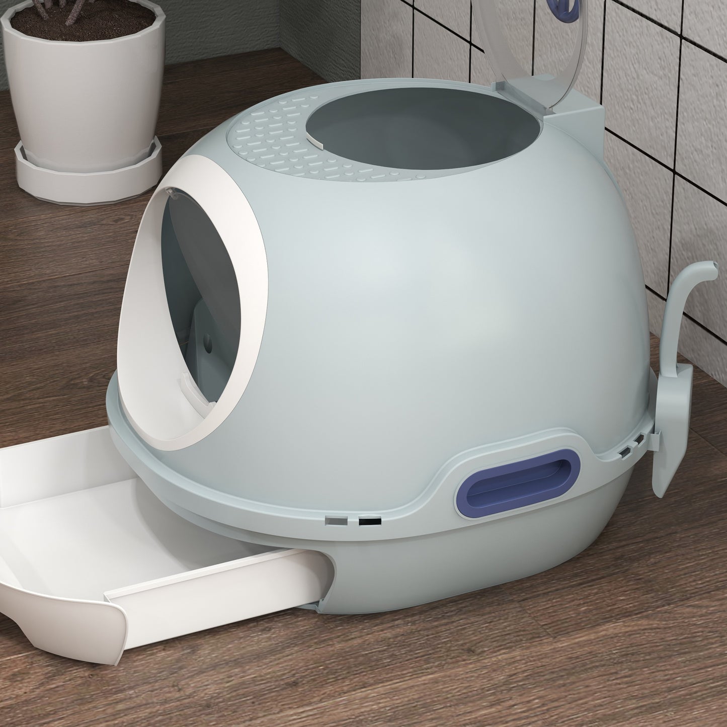 Cat Litter Box Toilet with Lid, Covered Litter Box with Scoop, Enclosed Drawer and Skylight, Blue Cat Litter Box Enclosures   at Gallery Canada