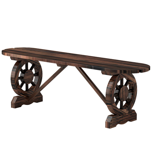 2-Person Outdoor Bench, Wood Garden Bench with Wagon Wheel Legs, Slatted Seat for Patio, Park, Backyard, Carbonized