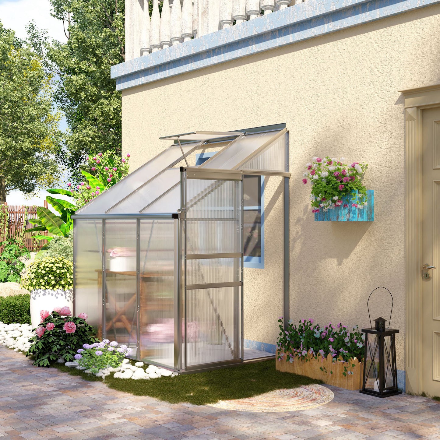 6' x 4' Aluminum Lean-to Greenhouse Polycarbonate Walk-in Garden Greenhouse with Adjustable Roof Vent, Rain Gutter and Sliding Door for Winter, Clear Walk In Greenhouses   at Gallery Canada