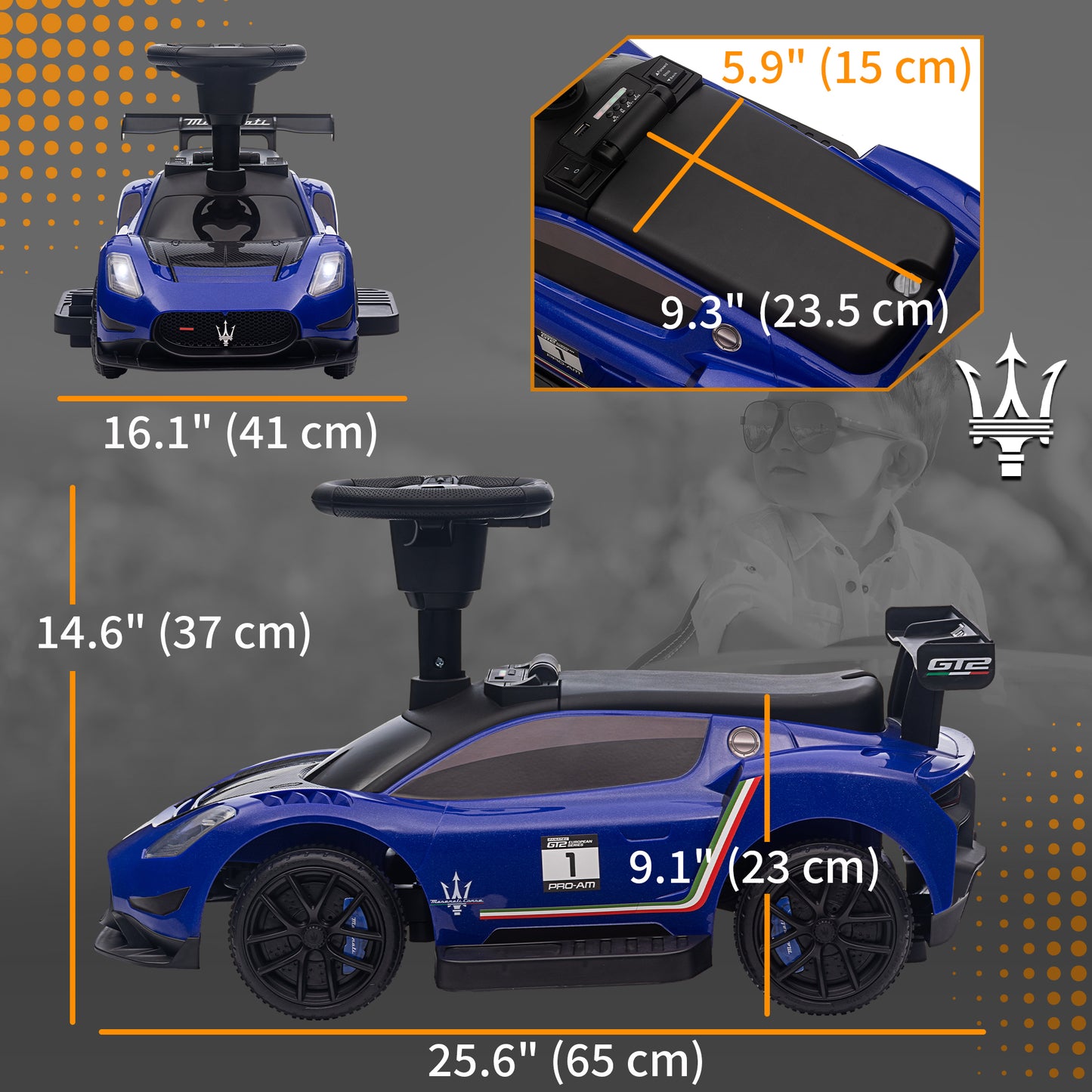 6V Maserati GT2 Licensed Electric Car for Kids, Ride on Car with Under Seat Storage, LED Headlights Music, Blue Electric Toy Cars   at Gallery Canada