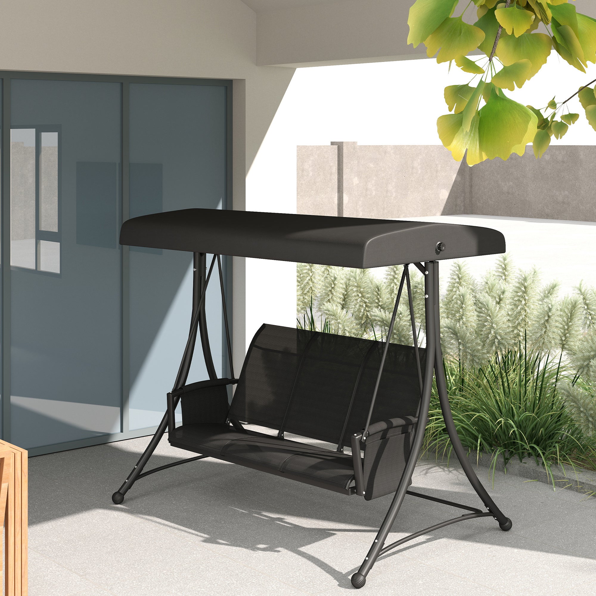 3 Person Outdoor Porch Swing Chair with Adjustable Canopy, Black Porch Swings with Canopy at Gallery Canada
