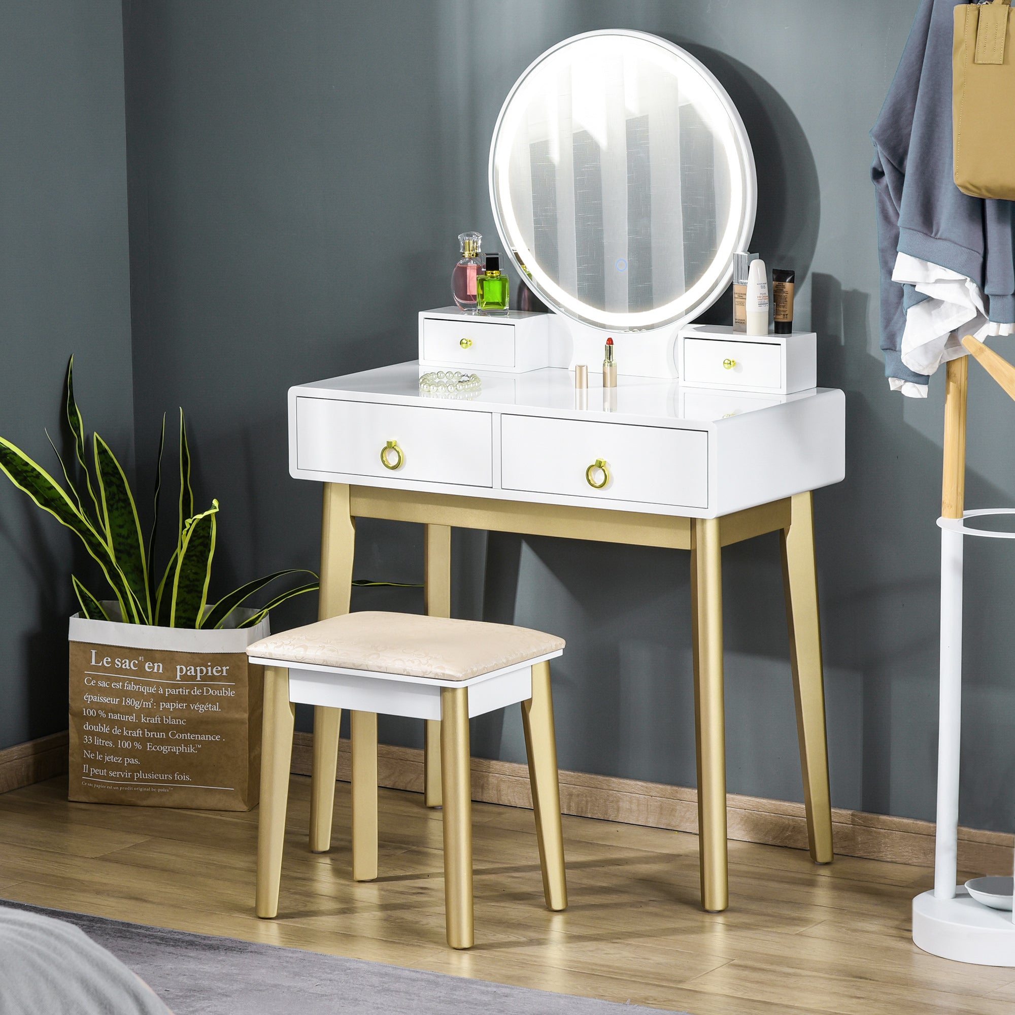 Makeup Vanity Table Set with Round Mirror, Built-in 3 Color LED Light, Dressing Desk with 4 Drawers and Cushioned Stool for Bedroom, White Dressing & Vanity Tables at Gallery Canada