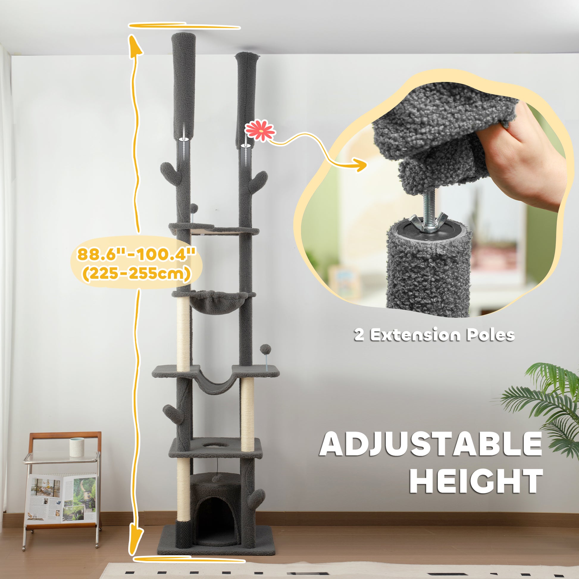 89"-100" Floor to Ceiling Cat Tree Cat Tower for Large Cats w/ Scratching Posts, Grooming Brush Post, Cat Condo, Grey Floor to Ceiling Cat Trees   at Gallery Canada