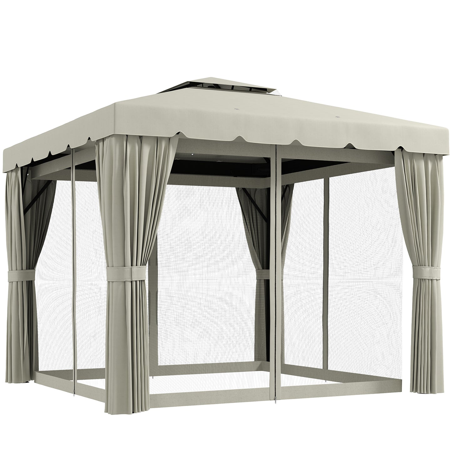 10' x 10' Outdoor Patio Gazebo Double Soft-top Garden Shelter Tent with Curtains, &; Mesh Screen Drapes, Cream White Gazebos at Gallery Canada