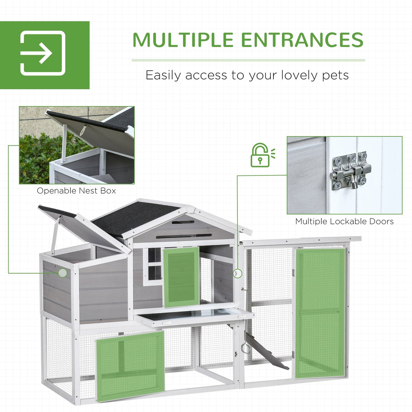 76" Wooden Chicken Coop, Outdoor Hen House Poultry Duck Goose Cage with Outdoor Run, Nesting Box, Removable Tray and Lockable Doors, Grey - Gallery Canada