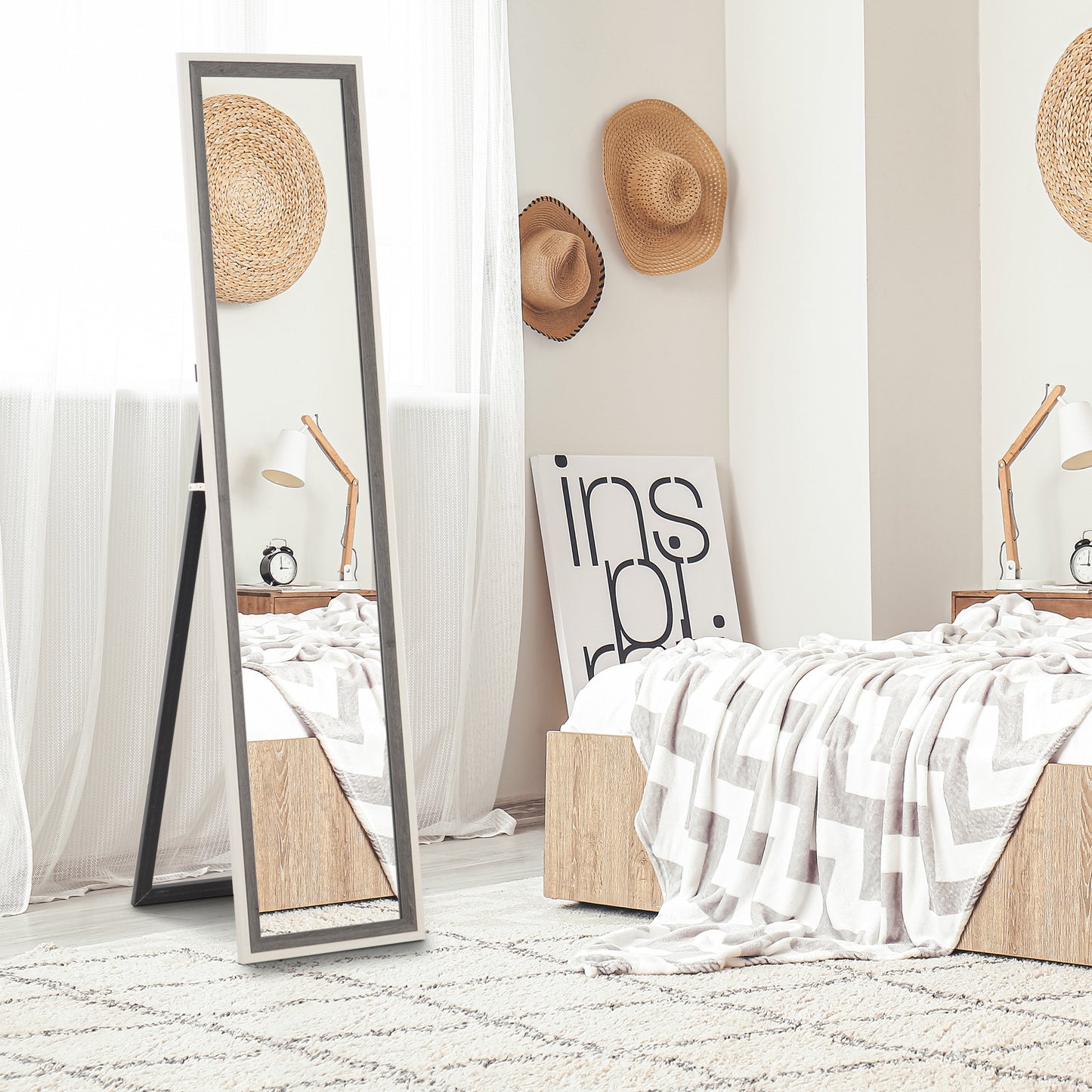 Floor Standing Mirror, Full Length Mirror, Free Standing, Leaning or Wall Mirror with Frame for Bedroom, Grey Wood Grain Full Length Mirrors White Wood Grain and Grey Wood Grain  at Gallery Canada