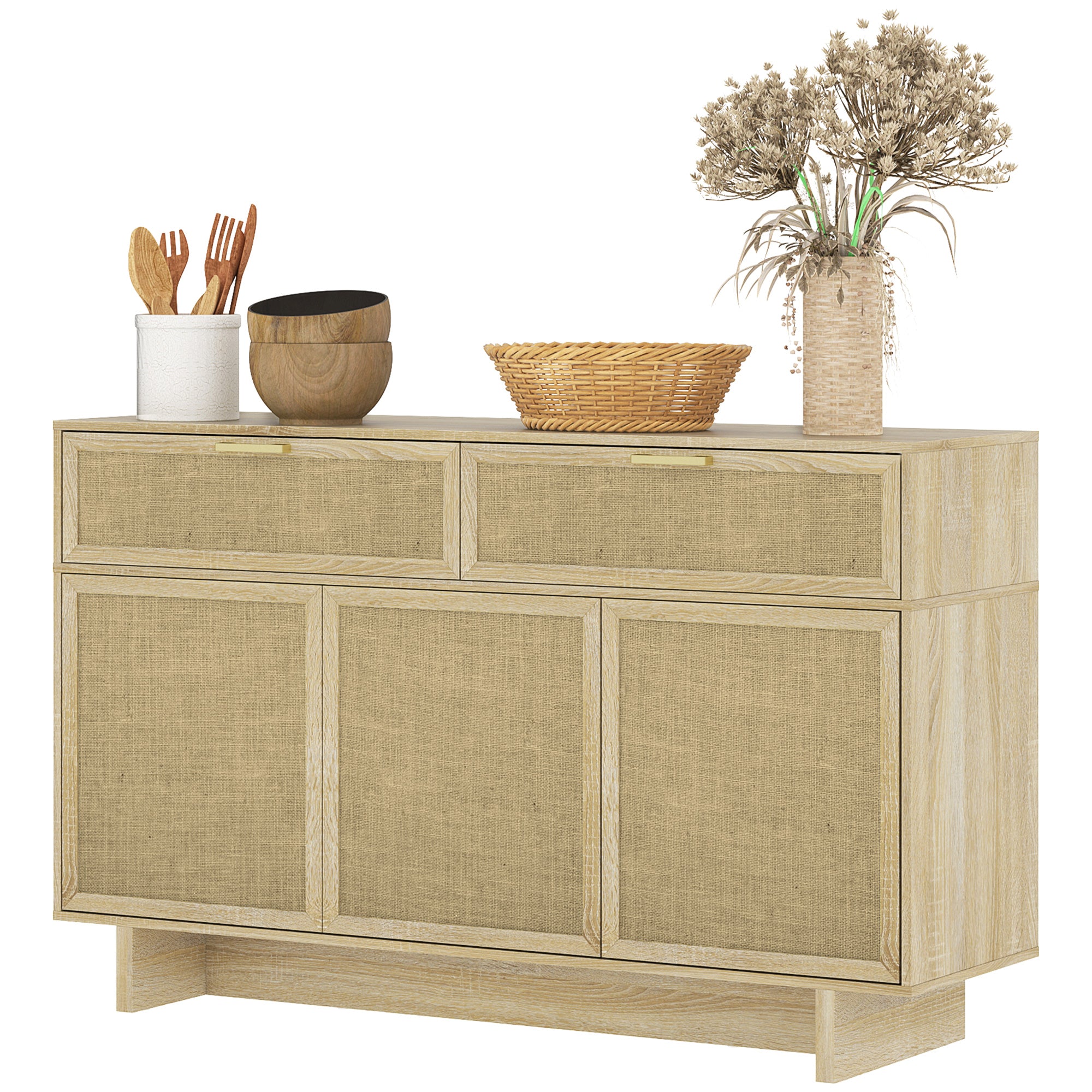 Boho Kitchen Sideboard Buffet Cabinet with Hinge Doors, Drawers and Adjustable Shelf for Living Room, Natural Wood Bar Cabinets Natural at Gallery Canada