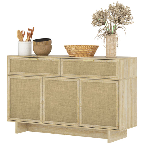 Boho Kitchen Sideboard Buffet Cabinet with Hinge Doors, Drawers and Adjustable Shelf for Living Room, Natural Wood