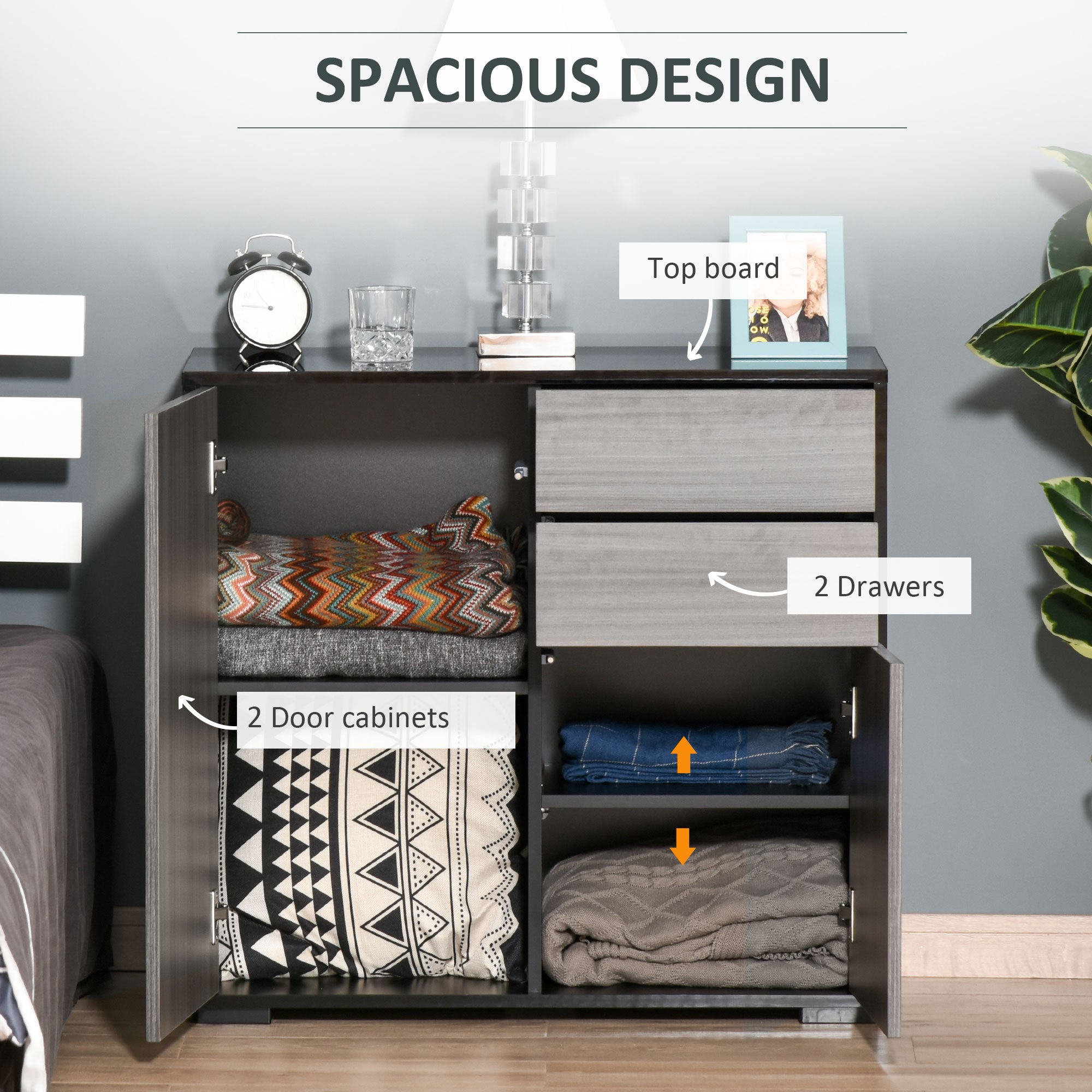 High Gloss Buffet Sideboard with 2 Drawers, 2 Doors and Adjustable Shelf, Kitchen Storage Cabinet with Push Open Design, Grey and Black Bar Cabinets at Gallery Canada