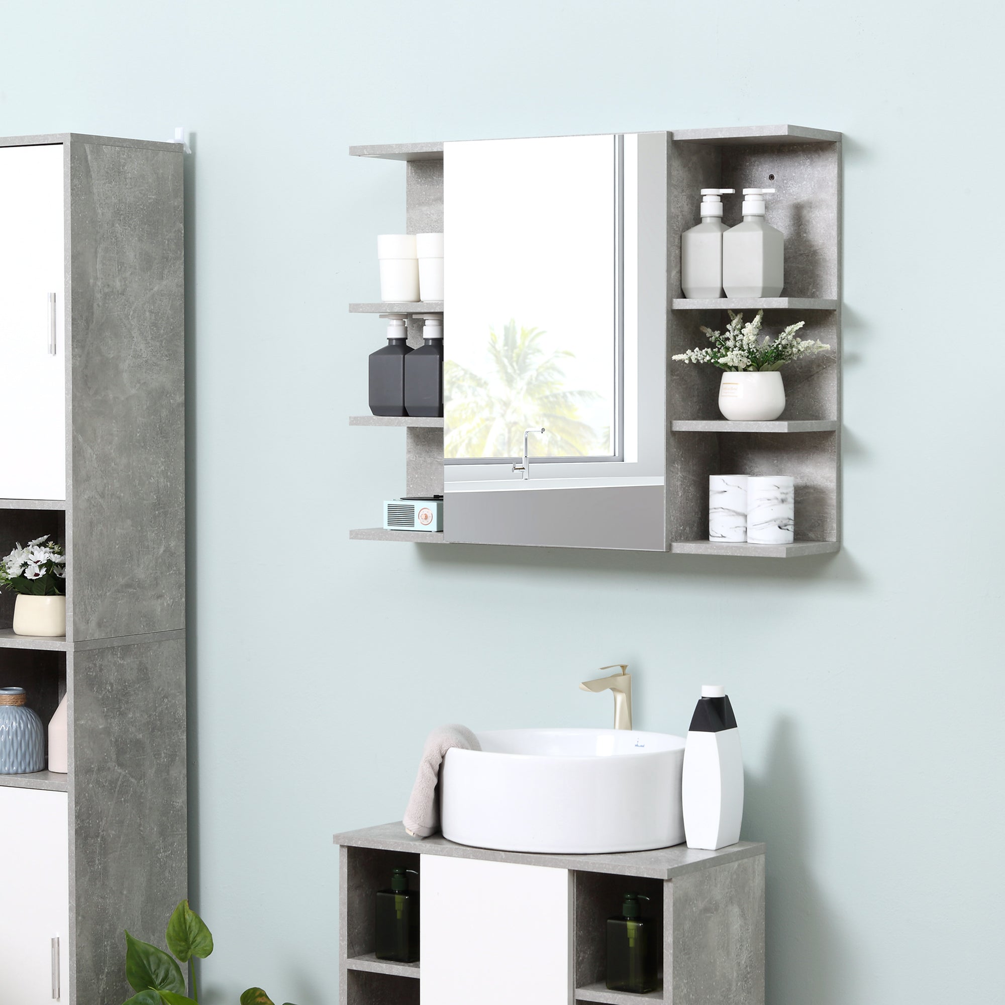 Medicine Cabinet with Mirror, Cement-Like Contemporary Bathroom Wall Cabinet with 6 Open Shelves, Grey Mirror Medicine Cabinets at Gallery Canada