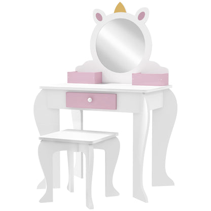 Kids Makeup Vanity Set with Stool, Mirror, Drawer, Storage Boxes, Unicorn Design, White Toy Vanity Pink and White  at Gallery Canada