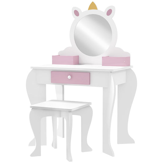 Kids Makeup Vanity Set with Stool, Mirror, Drawer, Storage Boxes, Unicorn Design, White - Gallery Canada