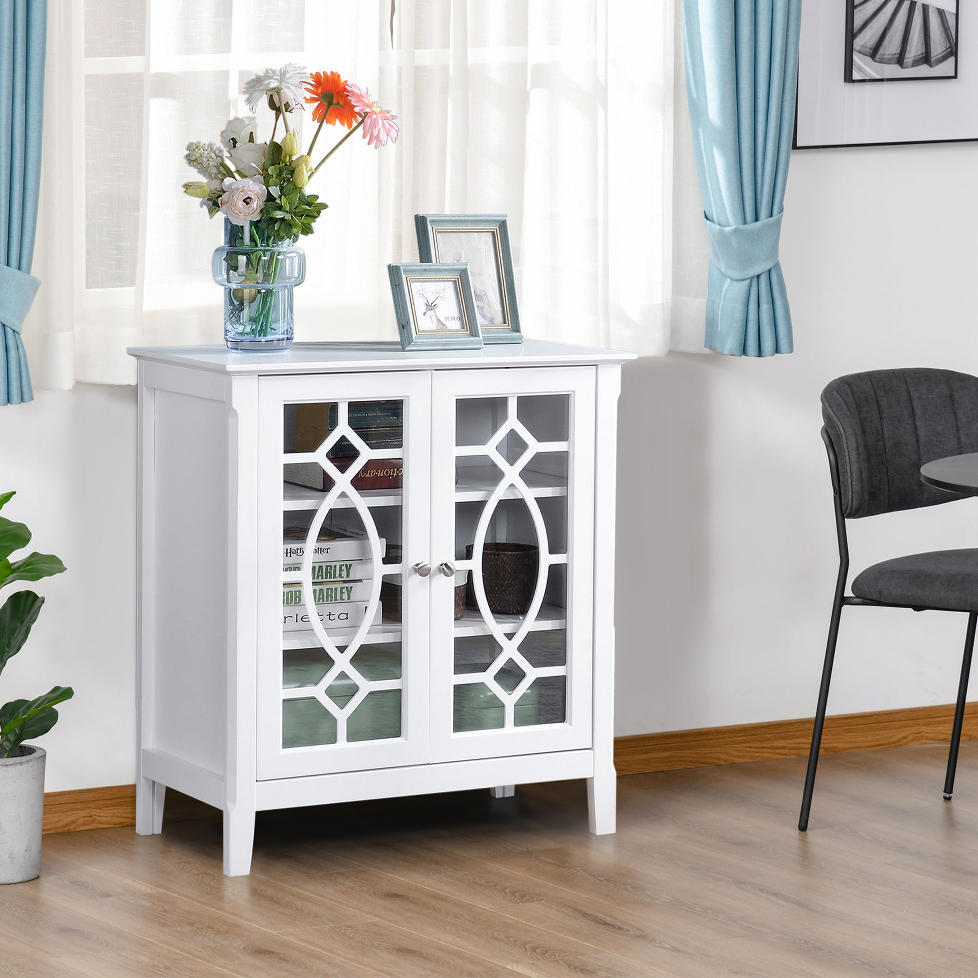 Sideboard Display Cabinet with Double Framed Glass Doors, 2 Adjustable Shelves, and Elevated Base, White Bar Cabinets   at Gallery Canada