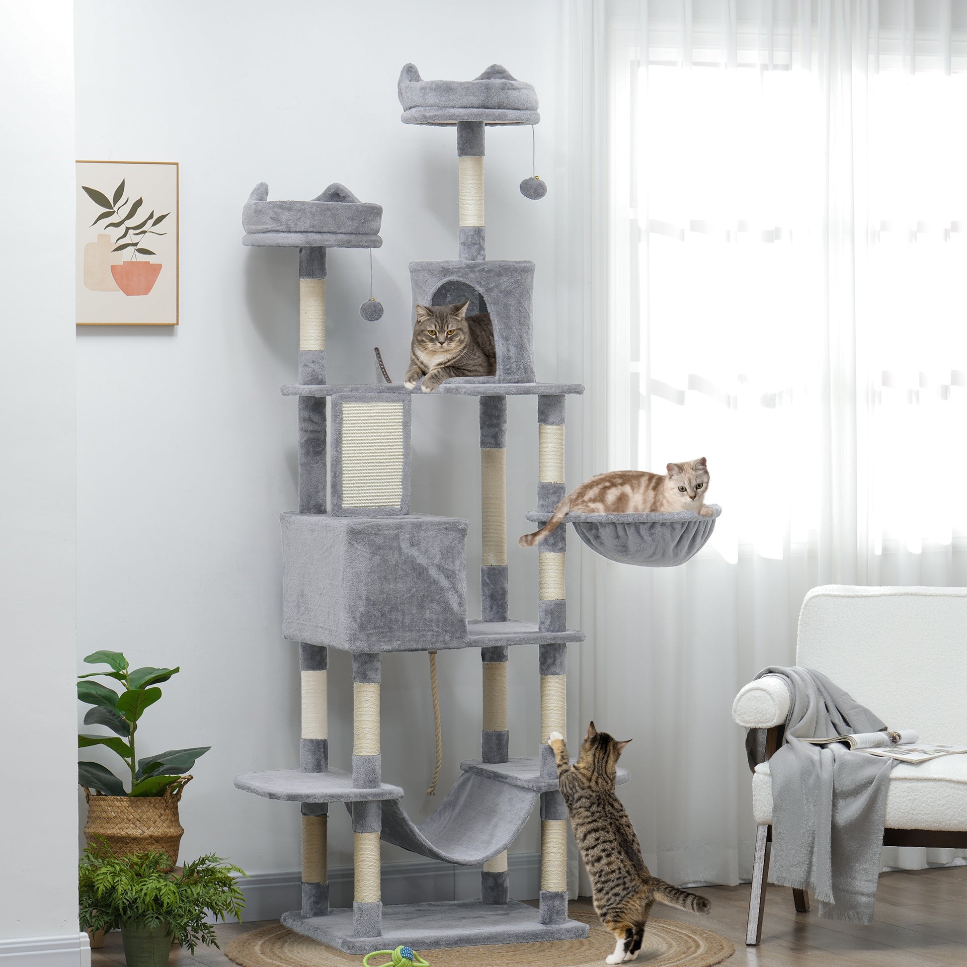 81" Large Cat Tree w/ Scratching Posts, Condos, Beds, Hammocks, Jumping Platforms, Toy Balls, Rope Cat Toy, Light Grey Cat Towers   at Gallery Canada