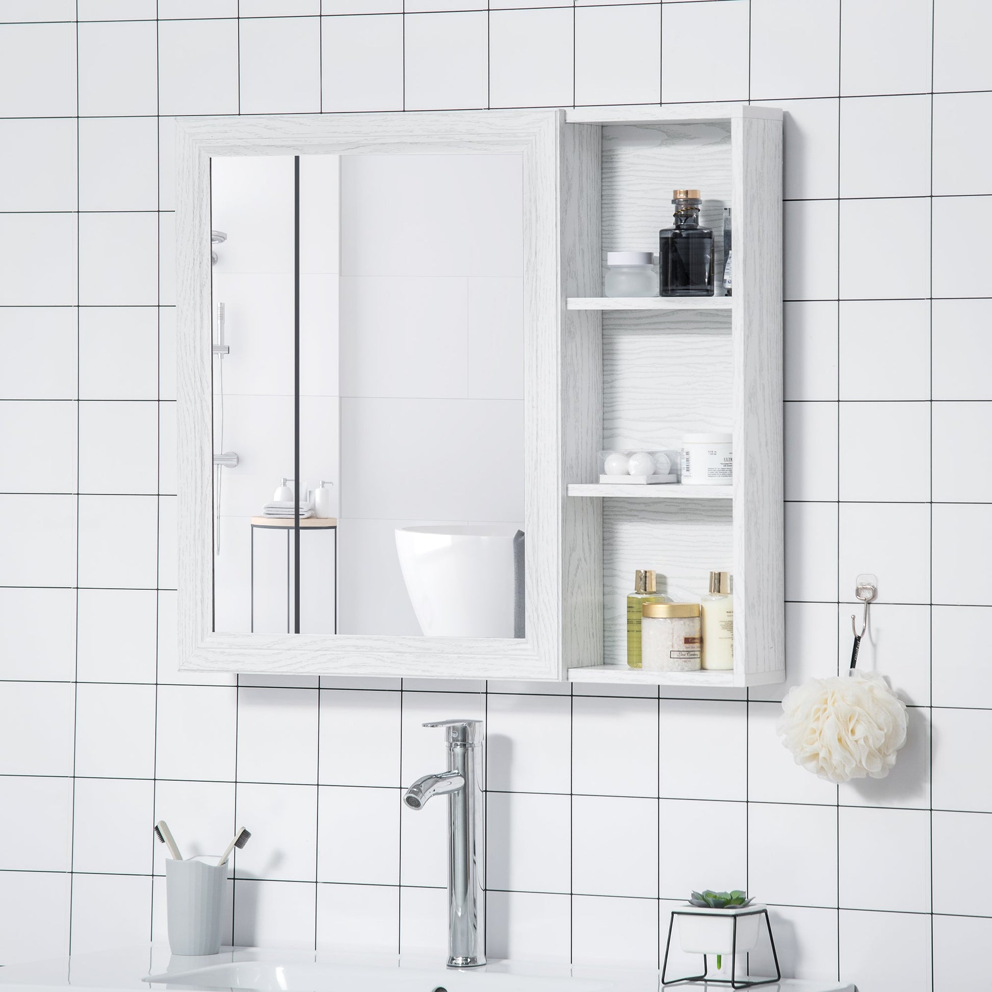 Aluminum Medicine Cabinet with Mirror, 31.5"W x 27.5"H Bathroom Storage Cabinet with 3-tier Shelves, Wall Mounted, White Mirror Medicine Cabinets   at Gallery Canada