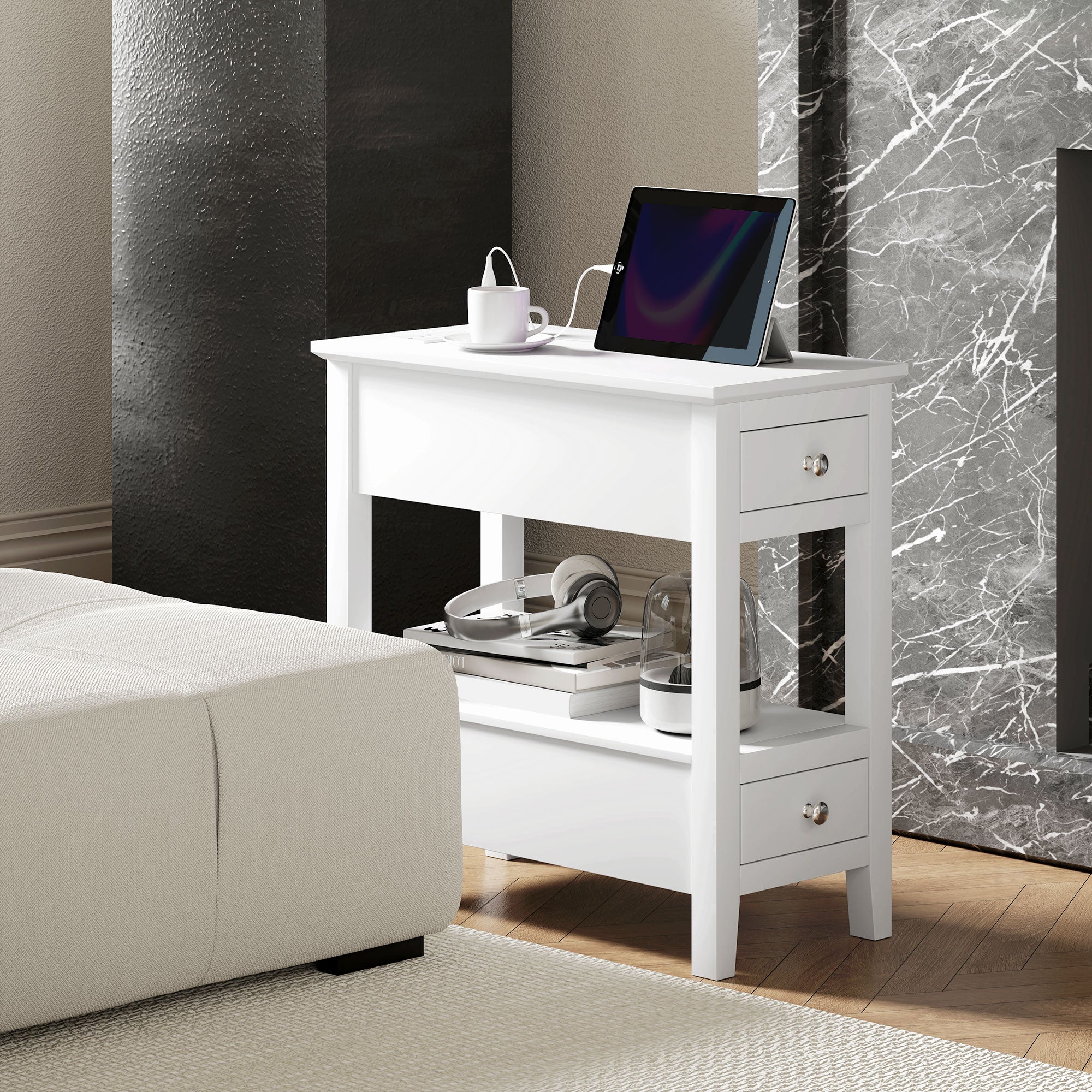 Narrow Side Table with Charging Station, USB Ports, Modern End Table with Storage Shelf, Drawers for Living Room, White Side Tables   at Gallery Canada