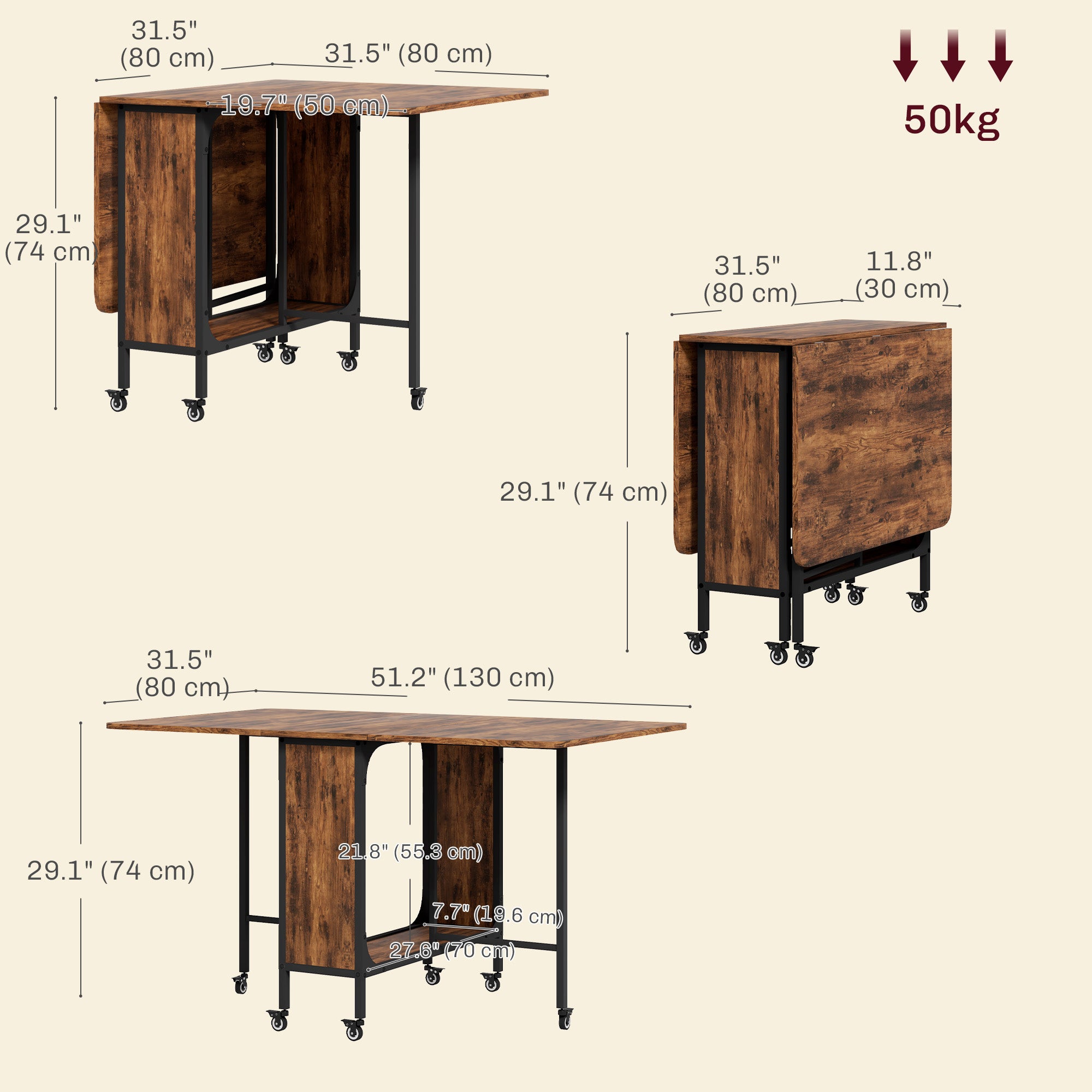 Folding Dining Table, Extendable Kitchen Table for Small Spaces with Storage Shelf and 6 Wheels, Rustic Brown Dining Tables at Gallery Canada