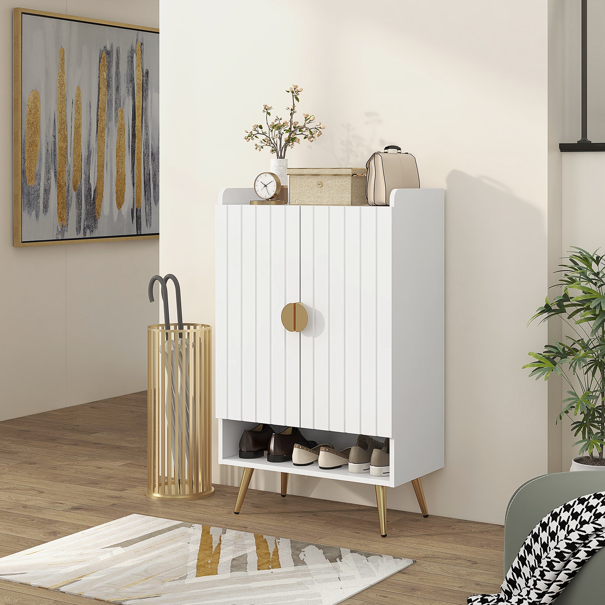 Entryway Shoe Storage Cabinet, Narrow Shoe Cabinet with Adjustable Shelves and Open Shelf for 15 Pairs of Shoes, White Shoe Storage Cabinets & Racks Multi Colour  at Gallery Canada