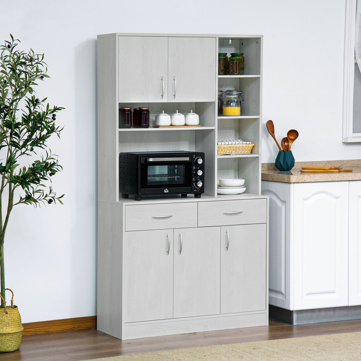 71" Kitchen Hutch with Storage Cabinet, Modern Buffet with Hutch, Cupboard with Drawers for Living Dining Room, Ash White Kitchen Pantry Cabinets   at Gallery Canada