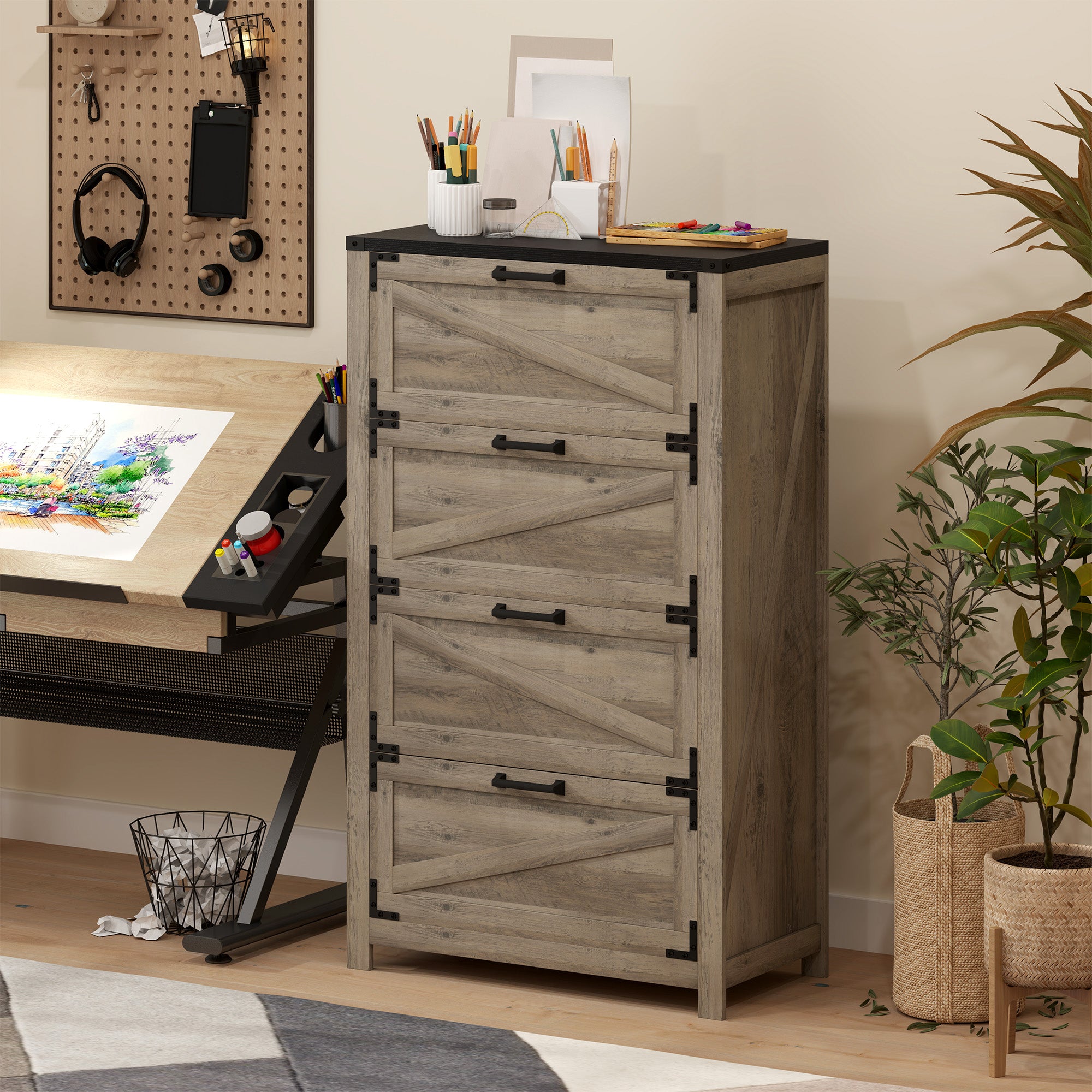 4 Drawer Filing Cabinet, Farmhouse Office Storage Cabinet with Adjustable Hanging Bars for Letter, A4, Legal Size, Grey Office Cabinets & Cupboards at Gallery Canada