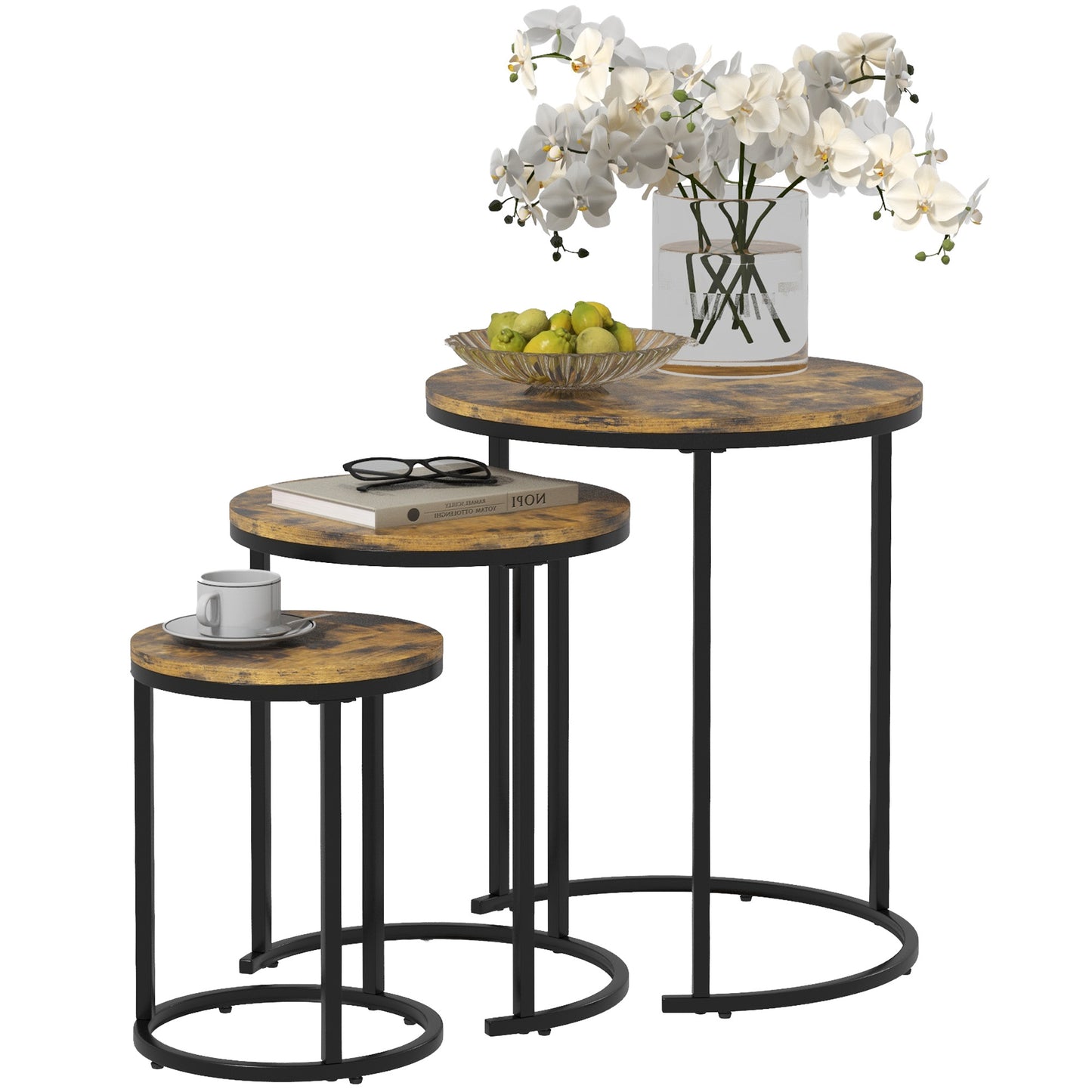 Nesting Coffee Tables Set of 3, Stacking Round Side Tables with Steel Frame for Living Room, Rustic Brown Side Tables   at Gallery Canada