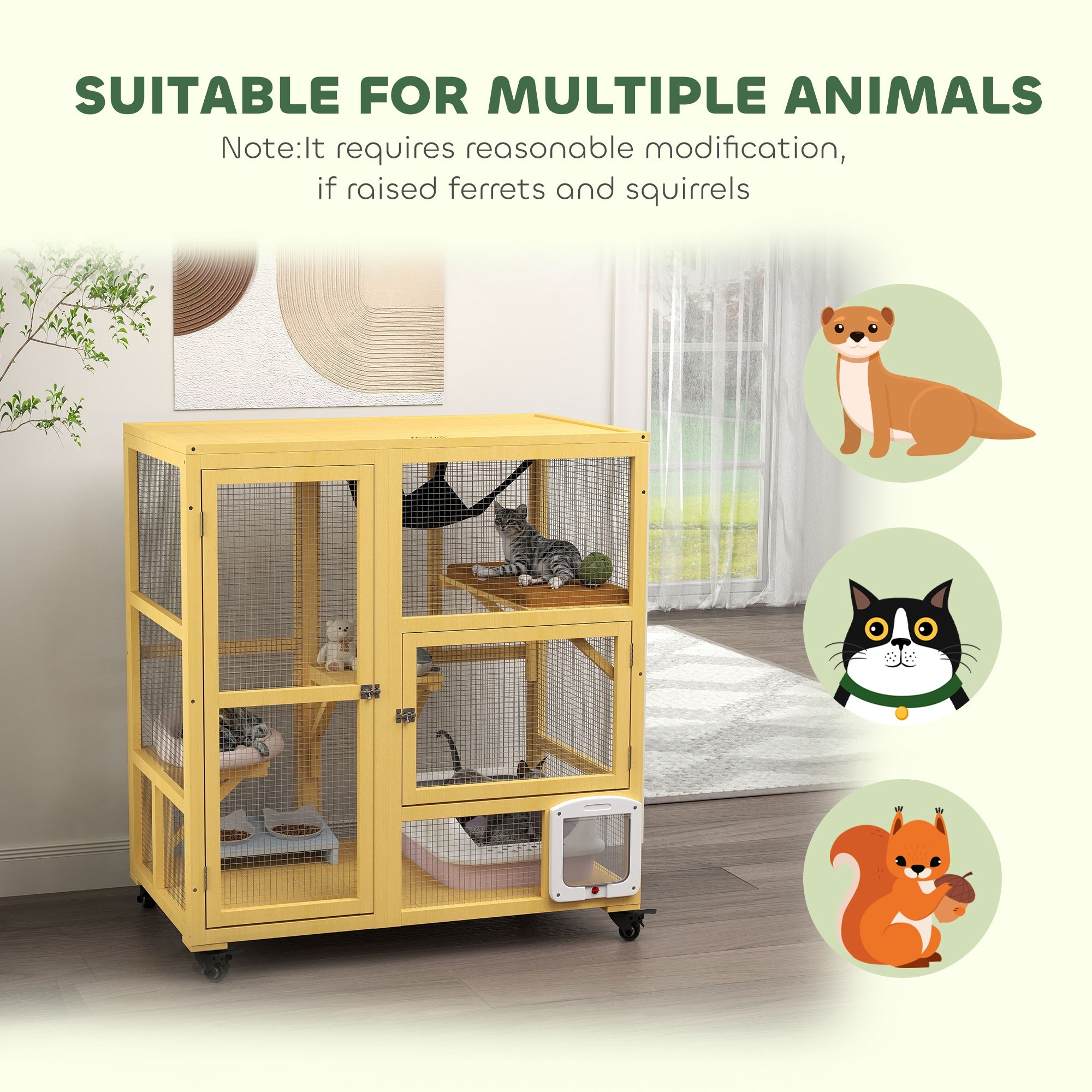 Cat Condo Wooden Indoor Cat House on Wheels with Cat Flap Door Platforms Hammock Openable Top for 2 Cats, Yellow Outdoor Cat Enclosures at Gallery Canada