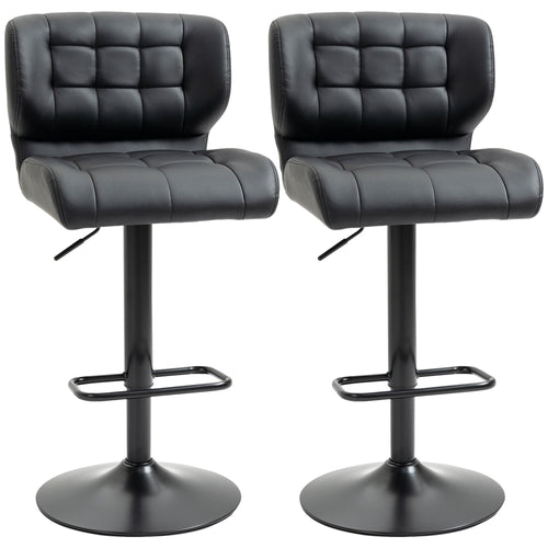 Adjustable Bar Stools Set of 2, Swivel Tufted PU Leather Barstools with Footrest and Back, for Kitchen Counter and Dining Room, Black