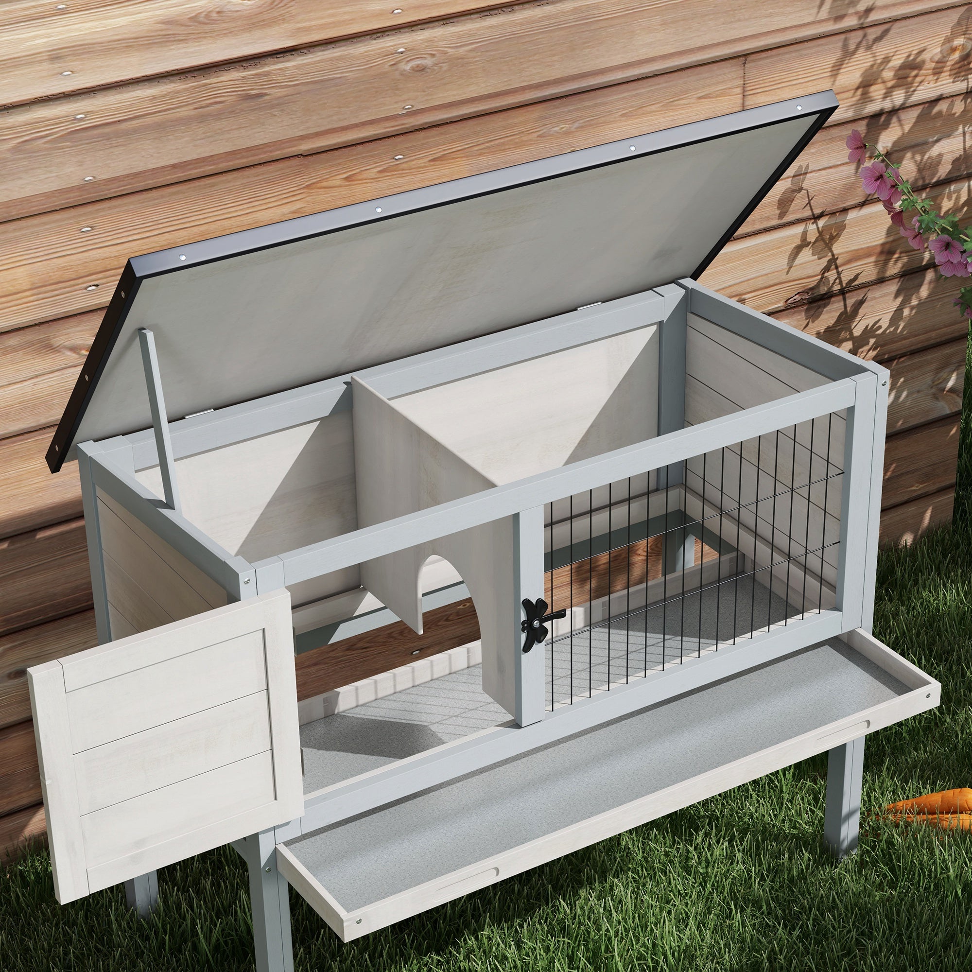 Wooden Rabbit Hutch with Openable Asphalt Roof, Tray, Light Grey Rabbit Hutch at Gallery Canada