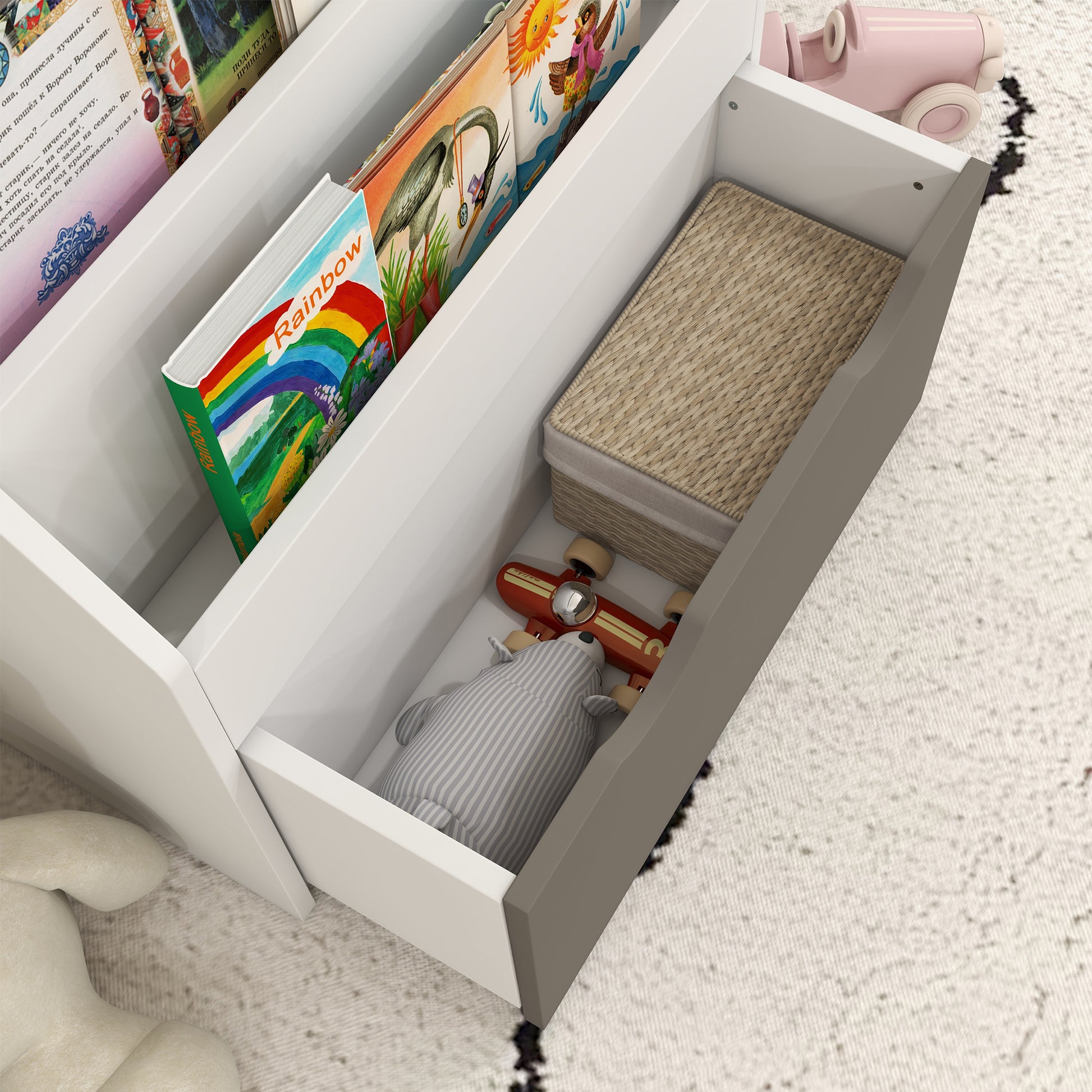 Kids Bookshelf with 3 Tier Display Shelves, Drawer for Nursery, Grey Baby & Kids Storage   at Gallery Canada