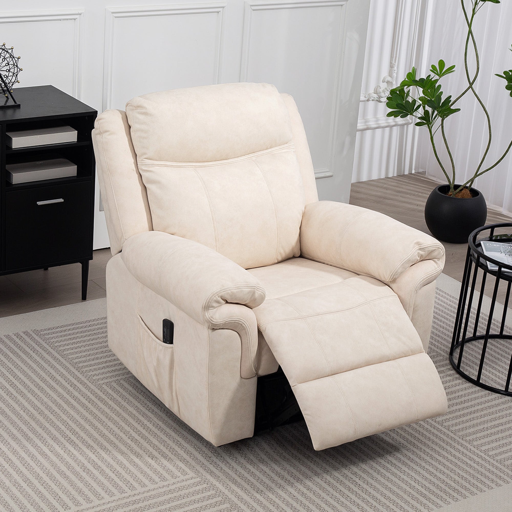 Manual Recliner Chair with Vibration Massage, Side Pockets, Microfibre Reclining Chair for Living Room, Cream White Sofas & Reclining Chairs at Gallery Canada