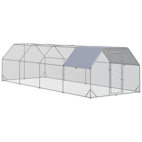 Chicken Run, Galvanized Large Metal Chicken Coop Cage, Walk-in Enclosure Poultry Hen Run House Playpen Rabbit Hutch with Flat Roof, Cover, for Outdoor Backyard, 9.2' x 24.9' x 6.5', Silver