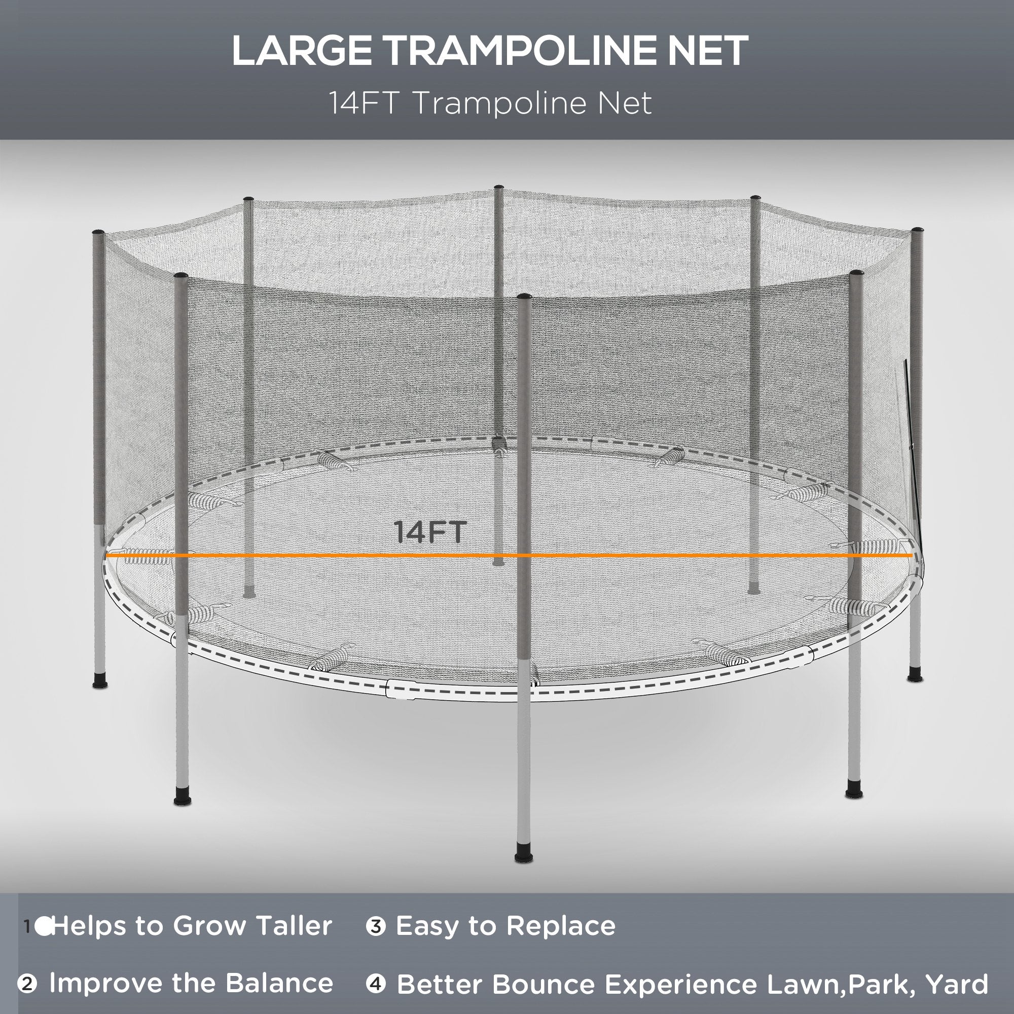 14FT Enclosure Trampolining Bounce Safety Accessories Trampoline Net with 8 Poles, Grey Trampolines at Gallery Canada