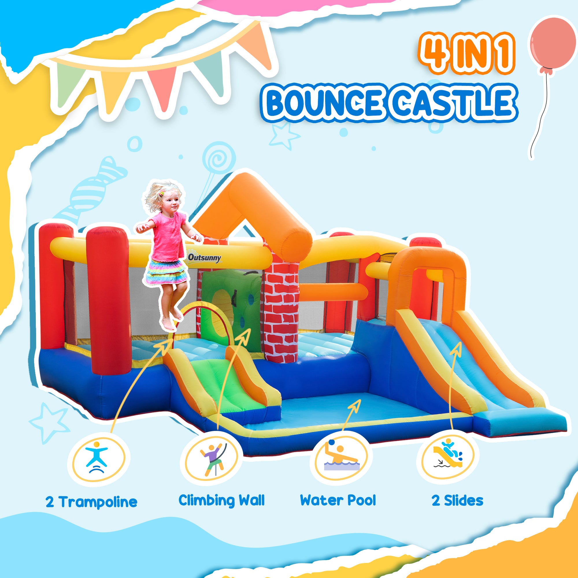 4 in 1 Kids Bounce House Castle-themed Extra Large Double Slides &; Trampoline Design Inflatable Pool Climbing Wall with Carrybag Air Blower Inflatables at Gallery Canada
