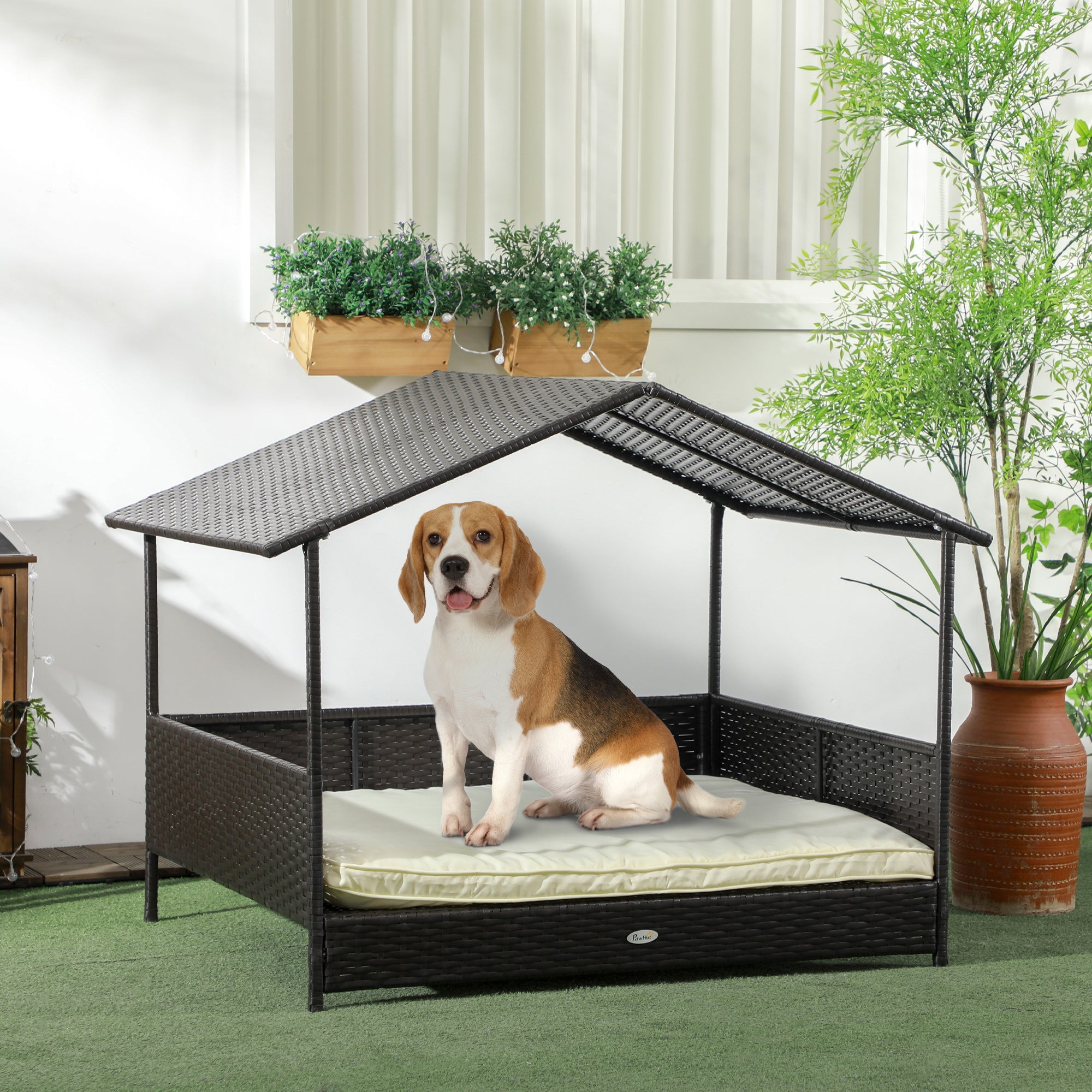 Outdoor Dog House Wicker Dog Bed with Soft Cushion Washable Cover, for Medium Large Dogs Indoor Outdoor, Cream White Houses, Kennels & Pens at Gallery Canada