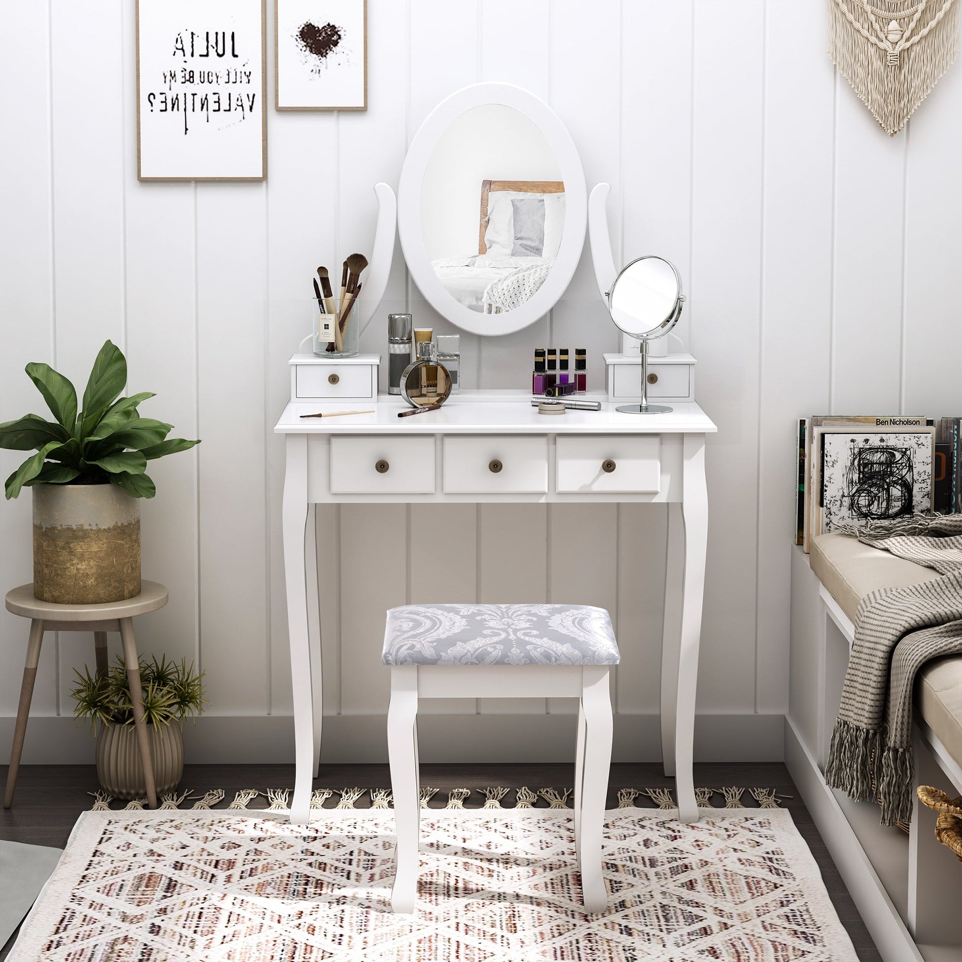 Wooden Vanity Table Set, Makeup Dressing Table with 360° Rotating, 5 Drawers and Padded Stool, White Dressing & Vanity Tables   at Gallery Canada