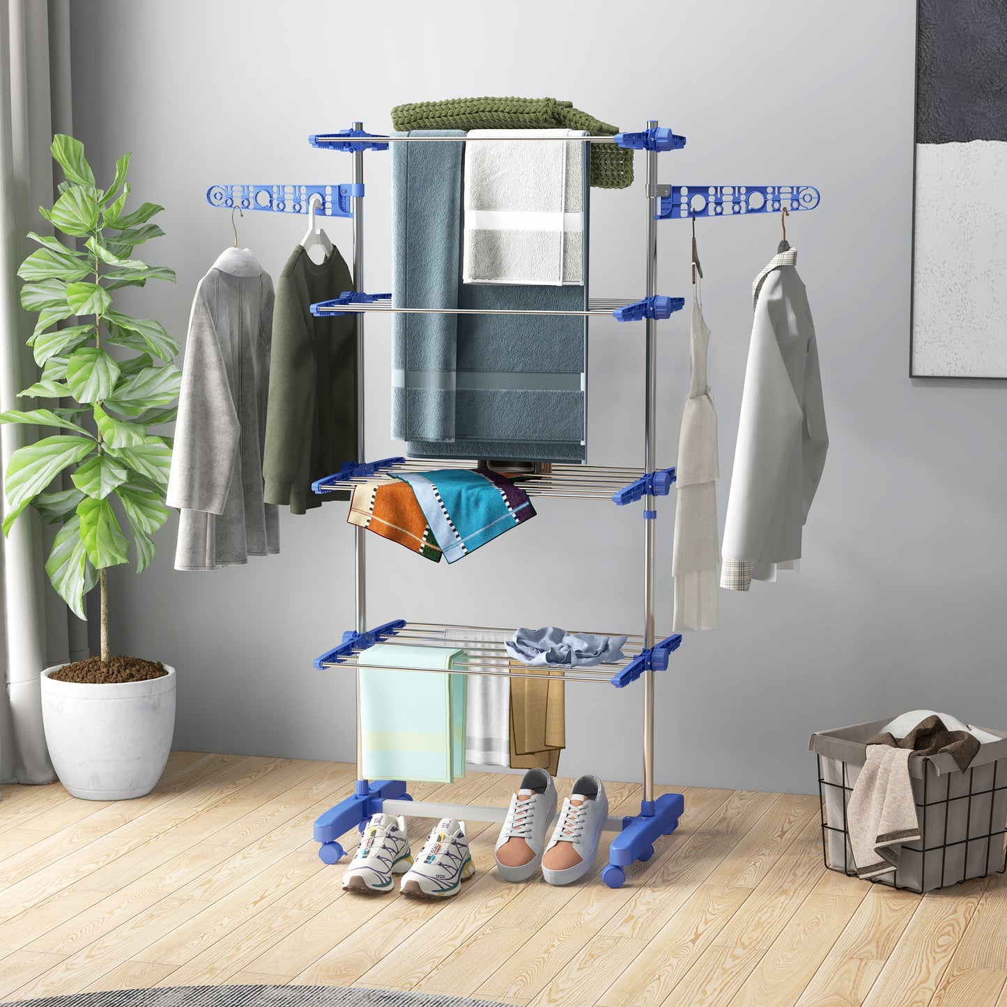 Garment Drying Rack Stainless Steel Folding Clothes Hanging Rack with Side Wings Castors for Indoor Outdoor Blue Bath Accessories   at Gallery Canada